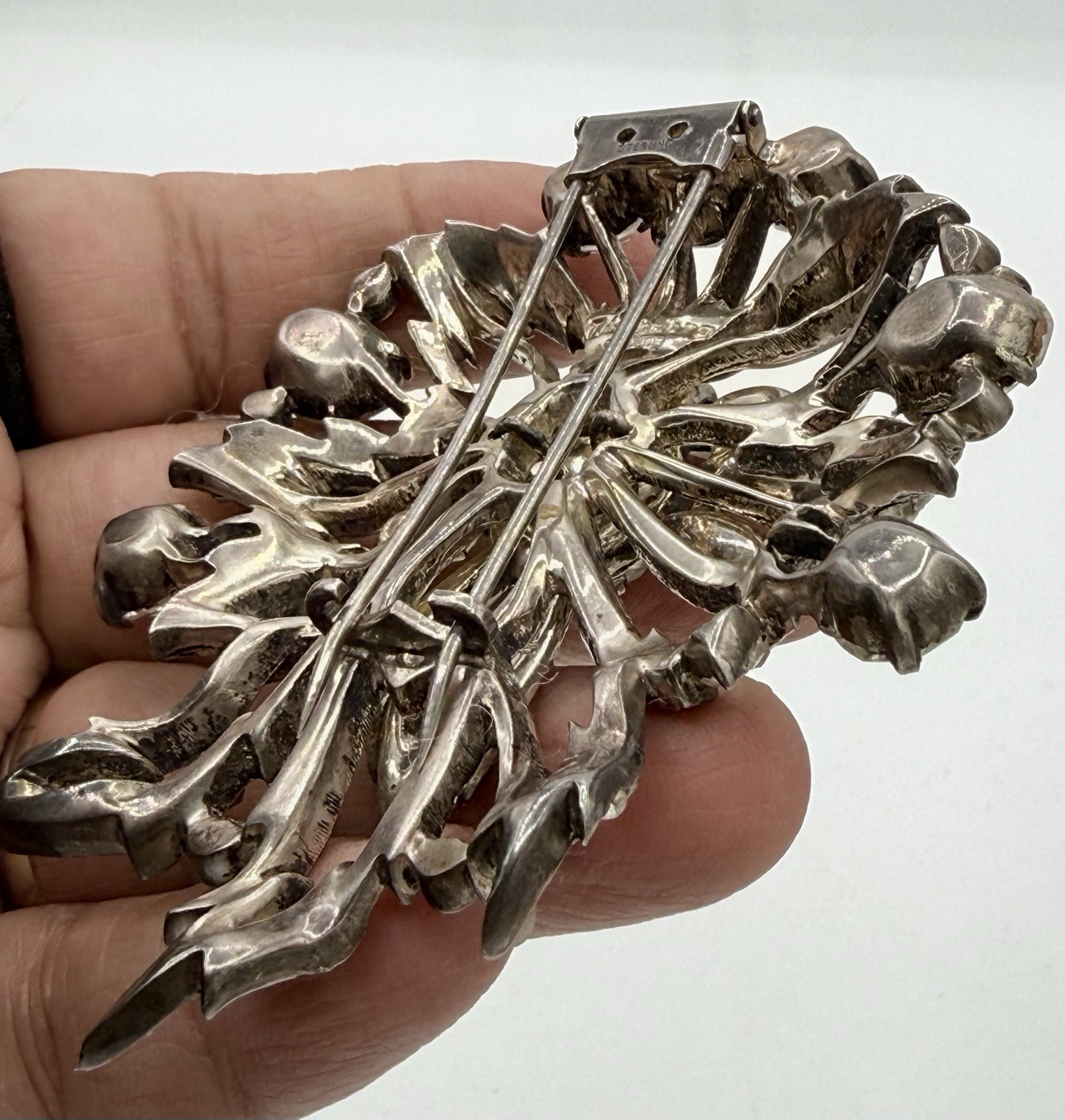 GIGANTIC 1940 Original Vintage EISENBERG Sterling silver RHINESTONE Fur Clip PIN