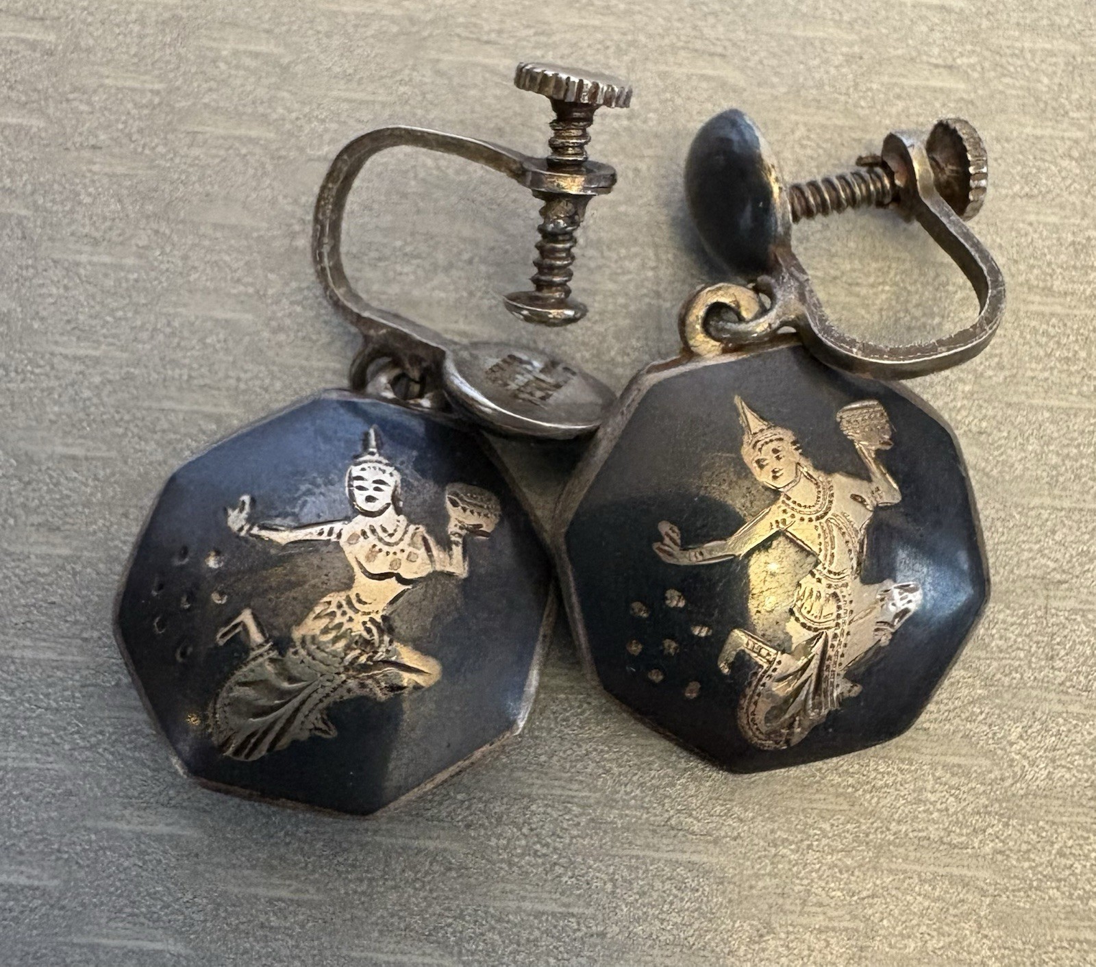 Vintage Siam Sterling Silver Niello Enamel Screw Back Earrings Dangle Drop LOT 3