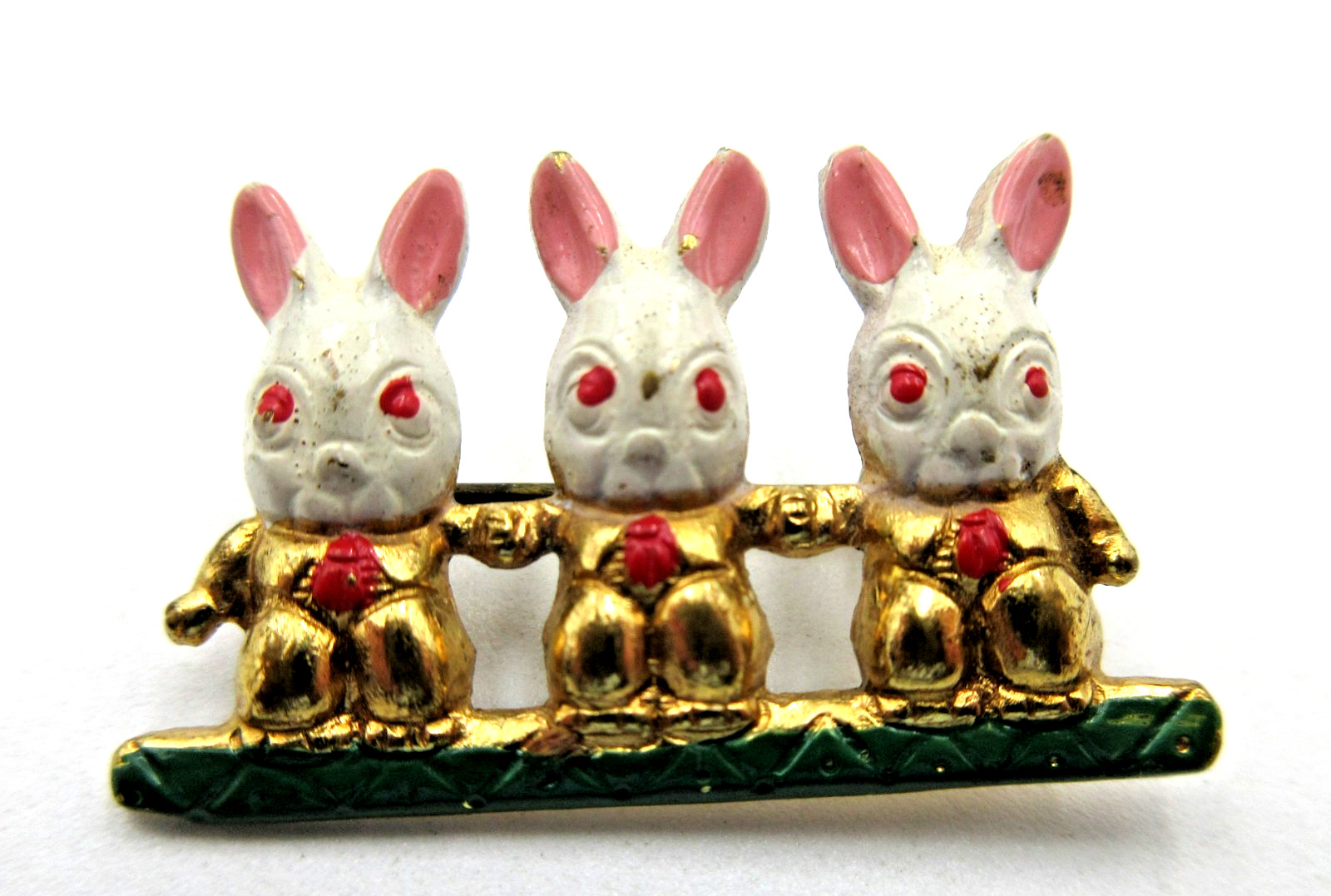 VTG OLD UNUSUAL Closur EASTER BUNNY RABBIT green white pink gold tone BROOCH PIN