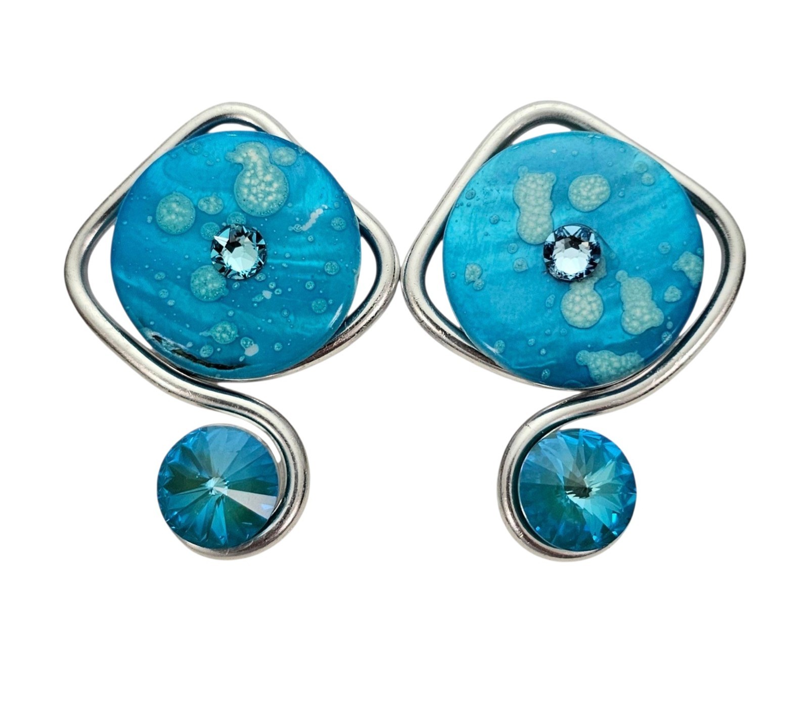 Jeff Lieb Blue Flat Bead Modern Clip On Earrings Rivoli Rhinestone, Signed