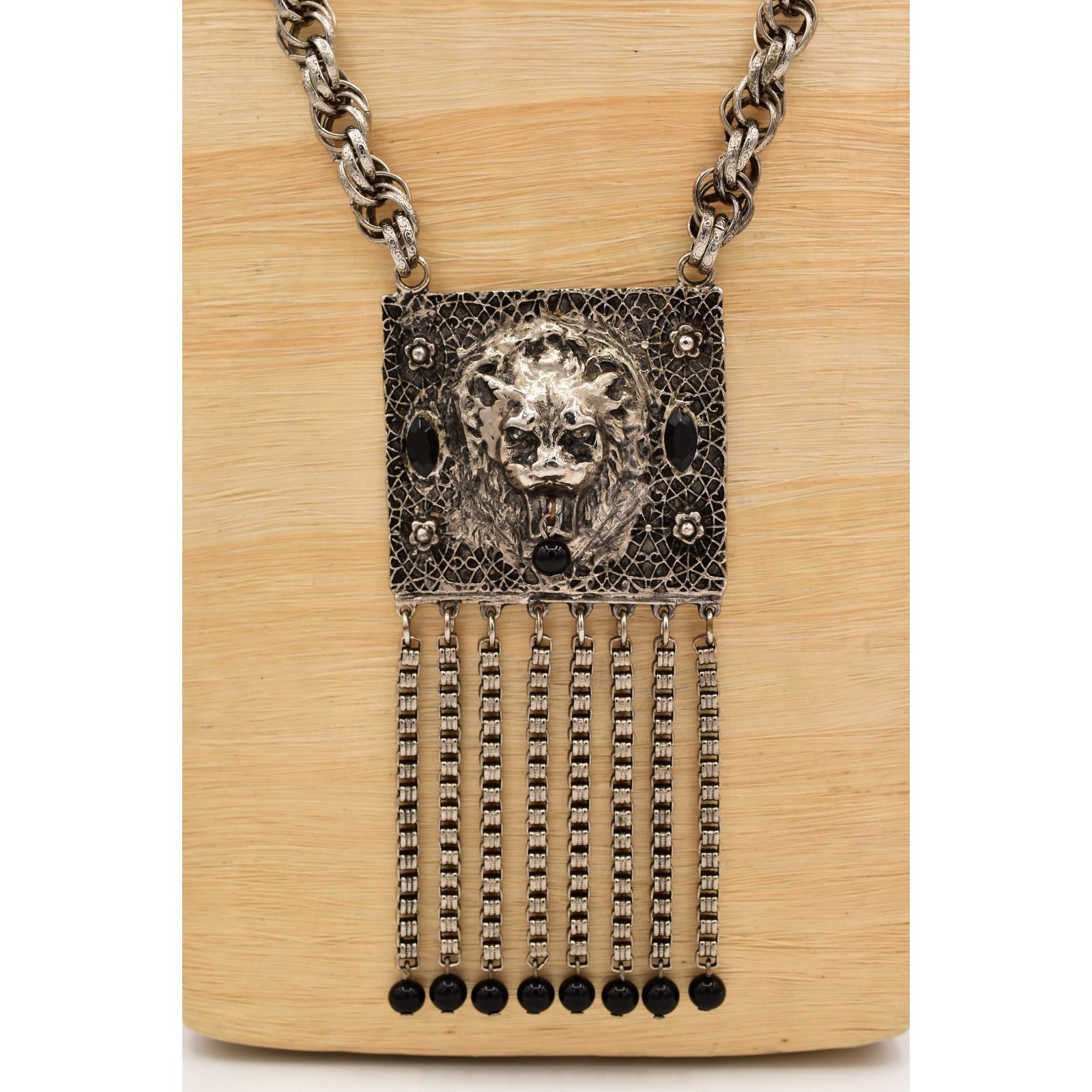Edlee Vintage Chain Lion Door Knocker Necklace Heavy Chain Silver Signed BinBL