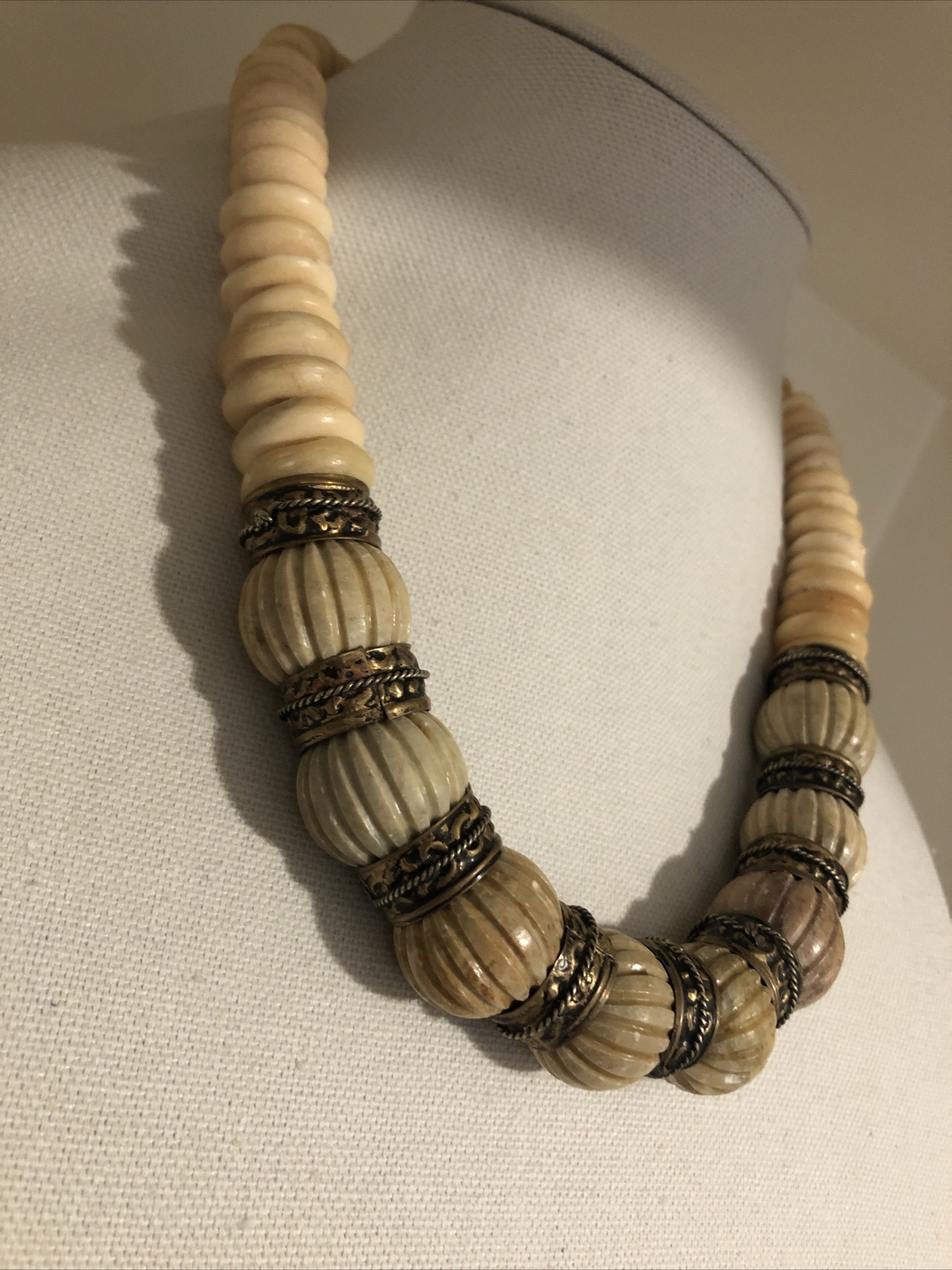 Vintage Tribal Bone And Stone Gold Tone Necklace Retired. See Description!