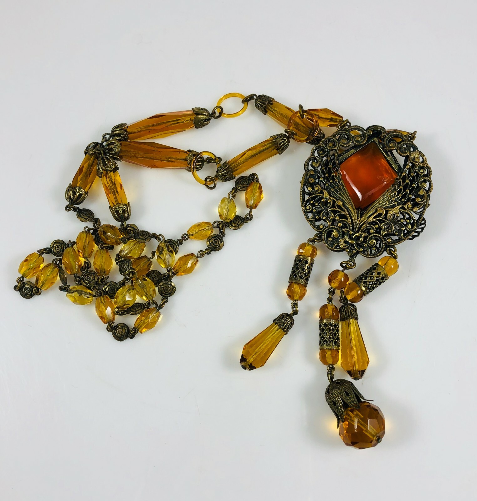 Antique Czechoslovakia Max Neiger Amber Brown Long Dangle Necklace Glass Links