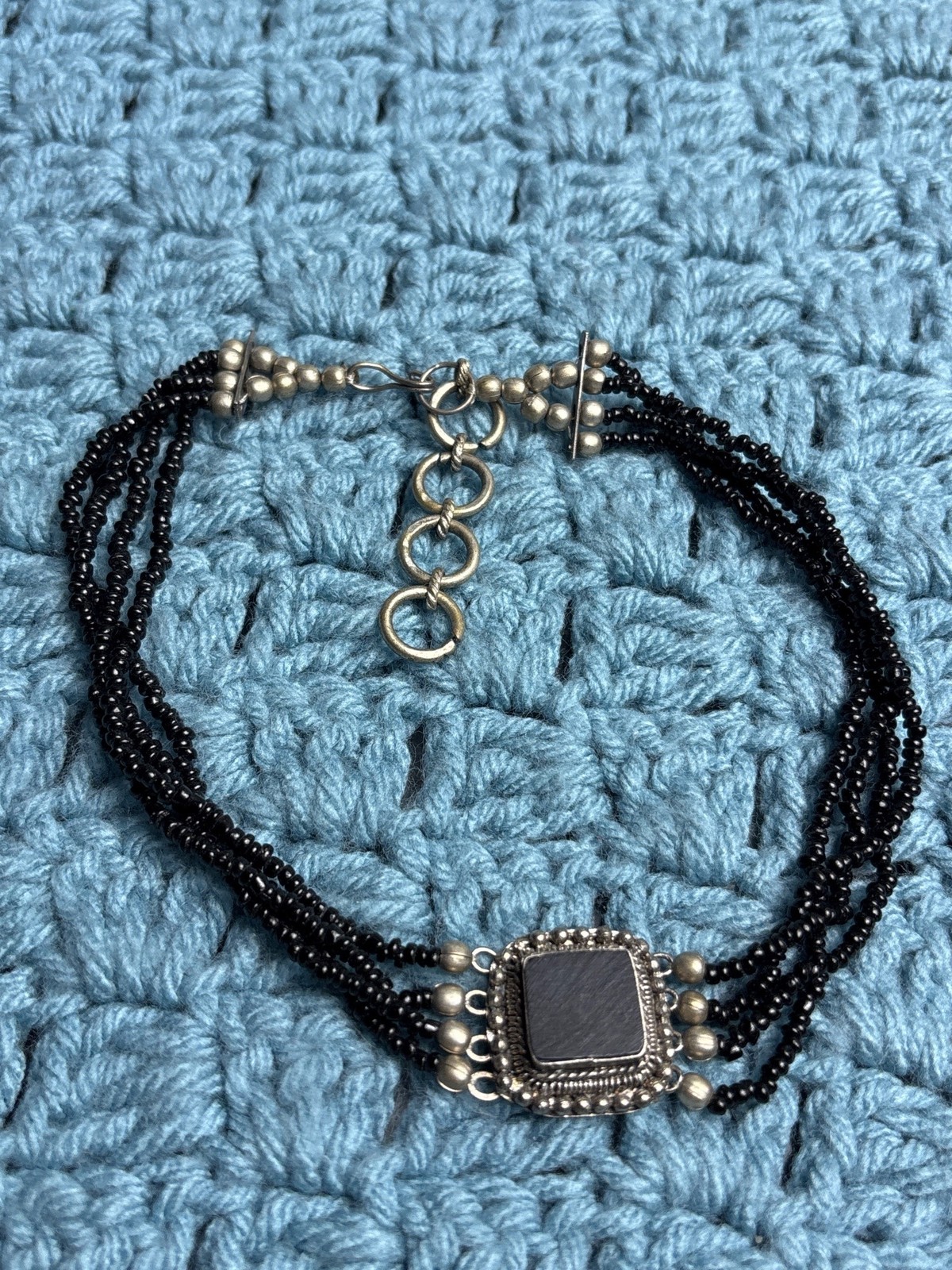 Vintage Black Glass Beaded Choker Collar Necklace Hook Clasp 13.5 – 15.5 inches