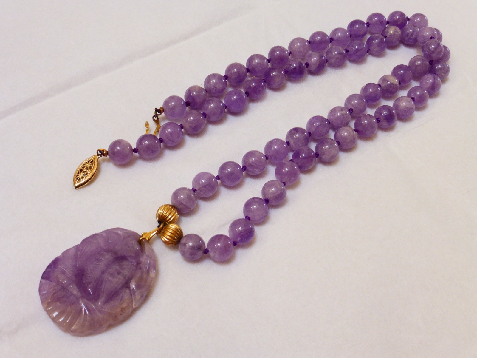 VINTAGE AMETHYST BEAD NECKLACE PENDANT 14kgf