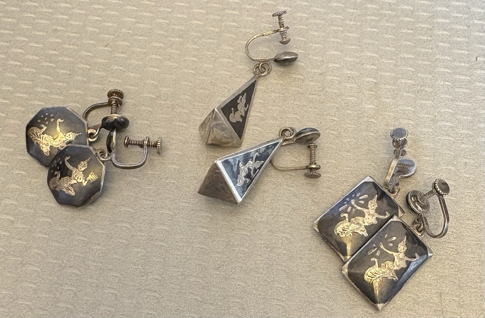 Vintage Siam Sterling Silver Niello Enamel Screw Back Earrings Dangle Drop LOT 3