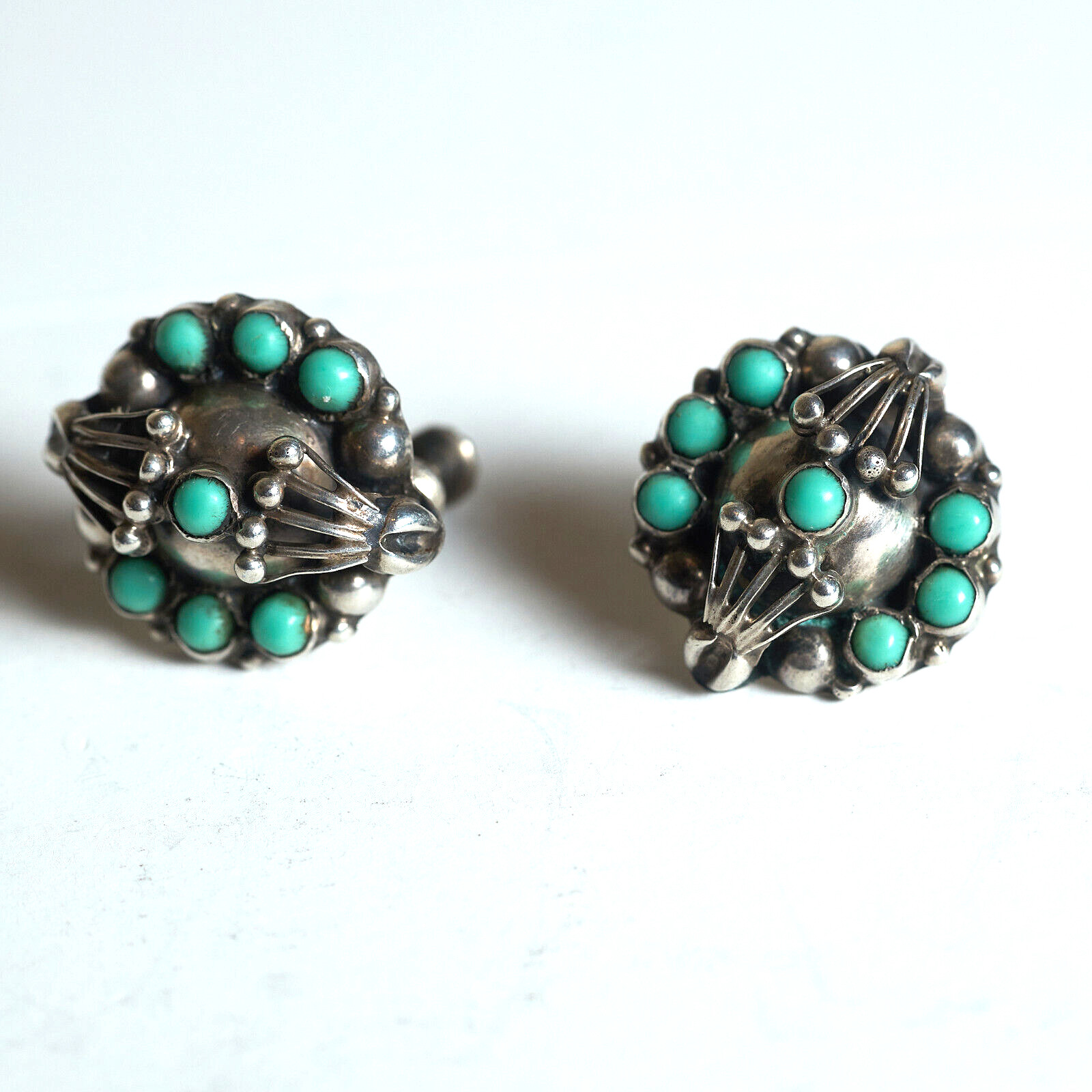 1940s Artisan 925 Silver Mexican Handmade Ornate Earrings Green Stone Screw Back