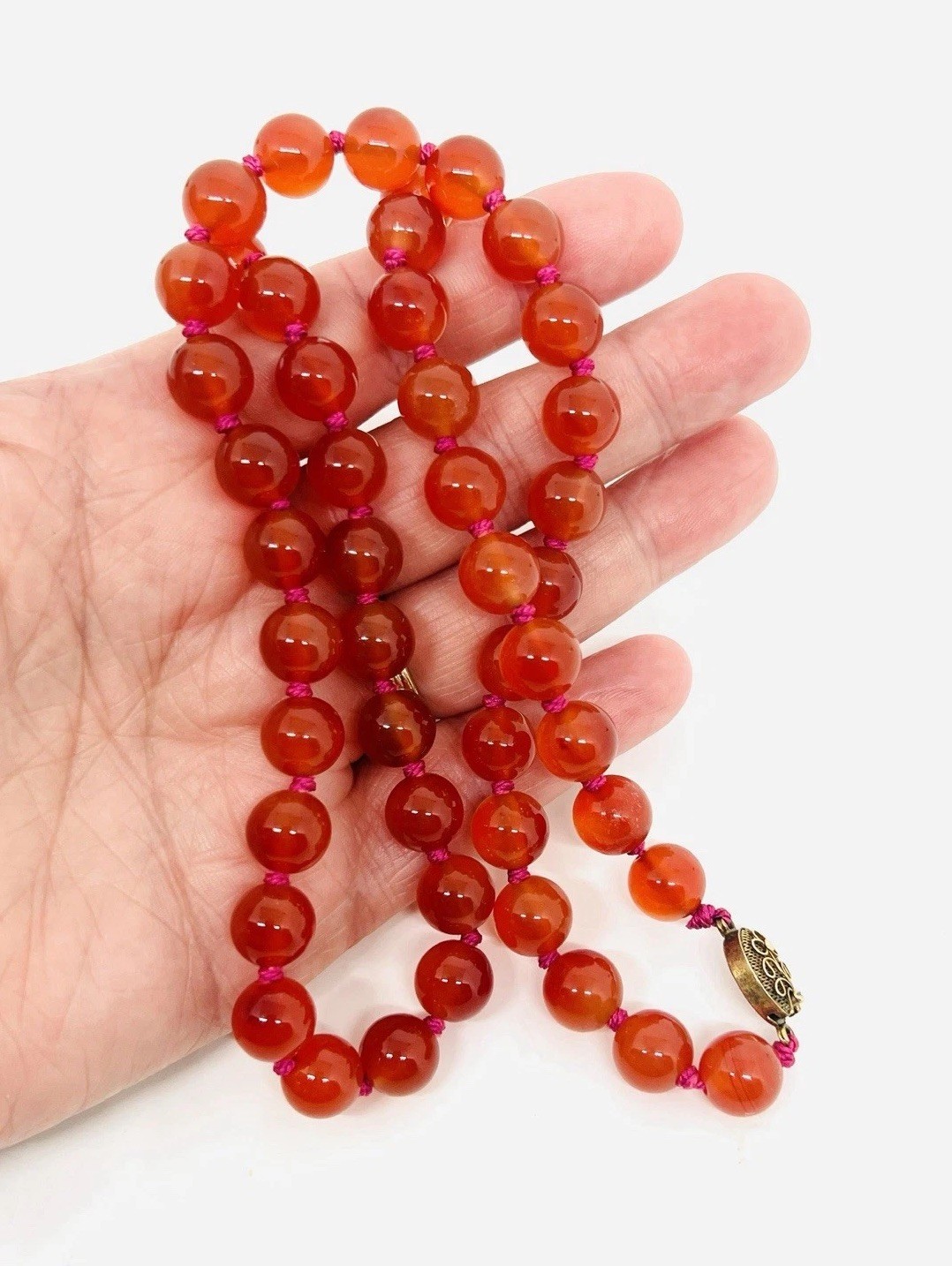 Chinese Export Sterling Silver Carnelian Beaded Necklace 25in Vintage Jewelry