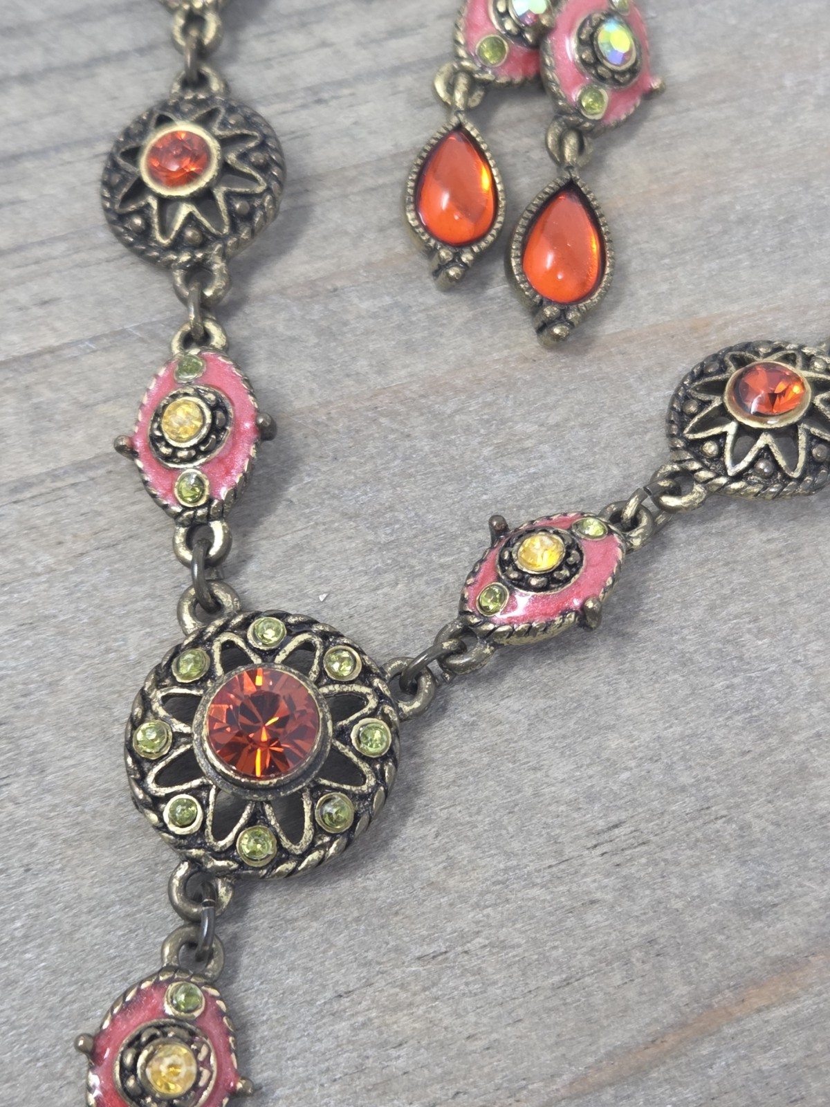 Orange Pink Yellow Y-Drop Necklace & Earring Set Rhinestones Enamel Bronze Tone