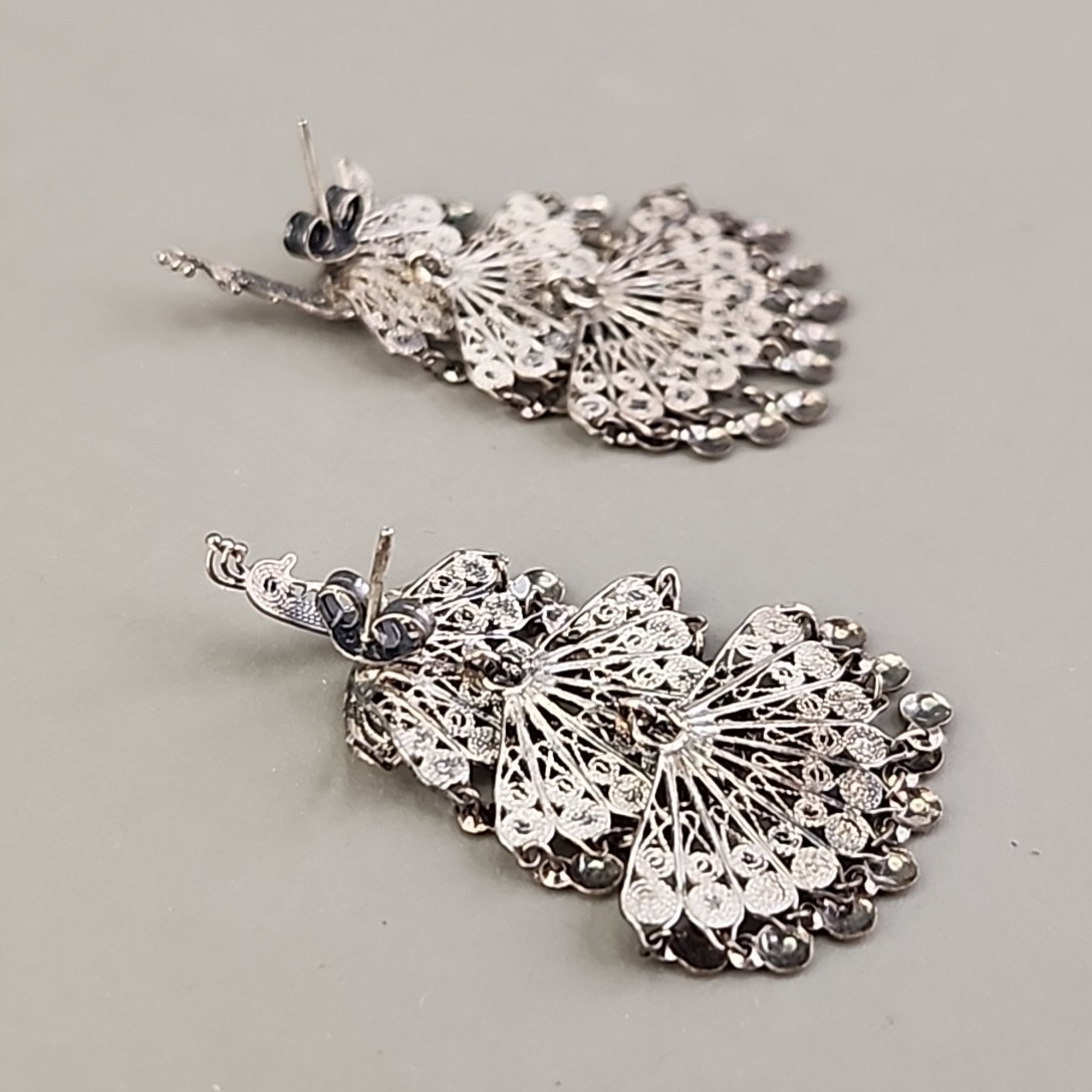 Vintage Sterling Silver Peacock Earrings Cannetille Filigree Articulated Dangles