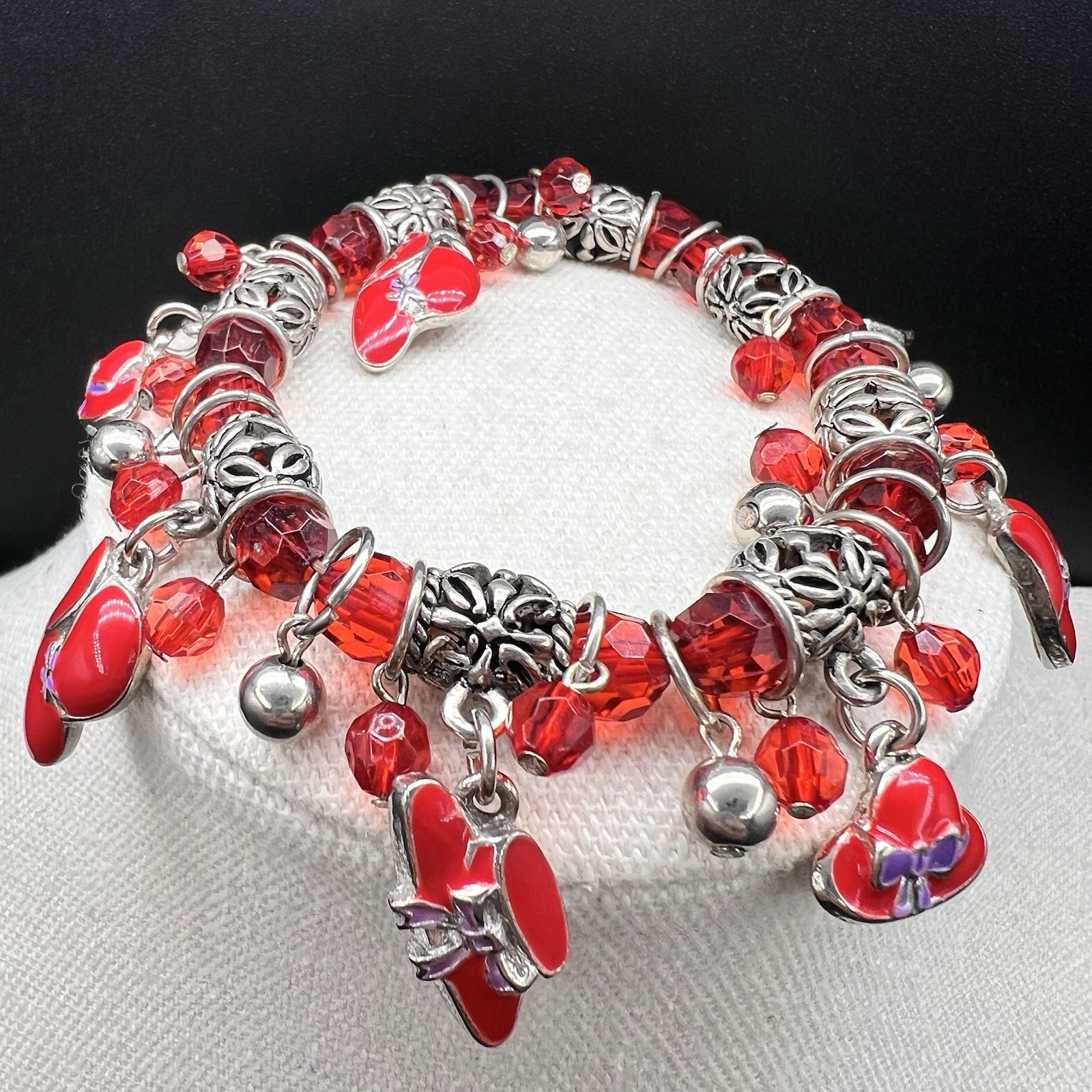 Vintage Dangle Charm Bracelet Red Enamel Hat Charms Filigree Spacer Beads