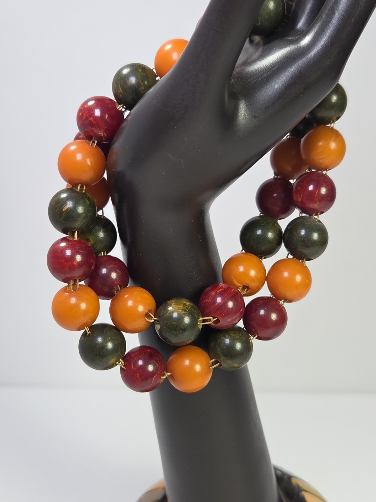 Vintage Butterscotch Spinach Green Cherry Red Bakelite Catalin Beaded Necklace