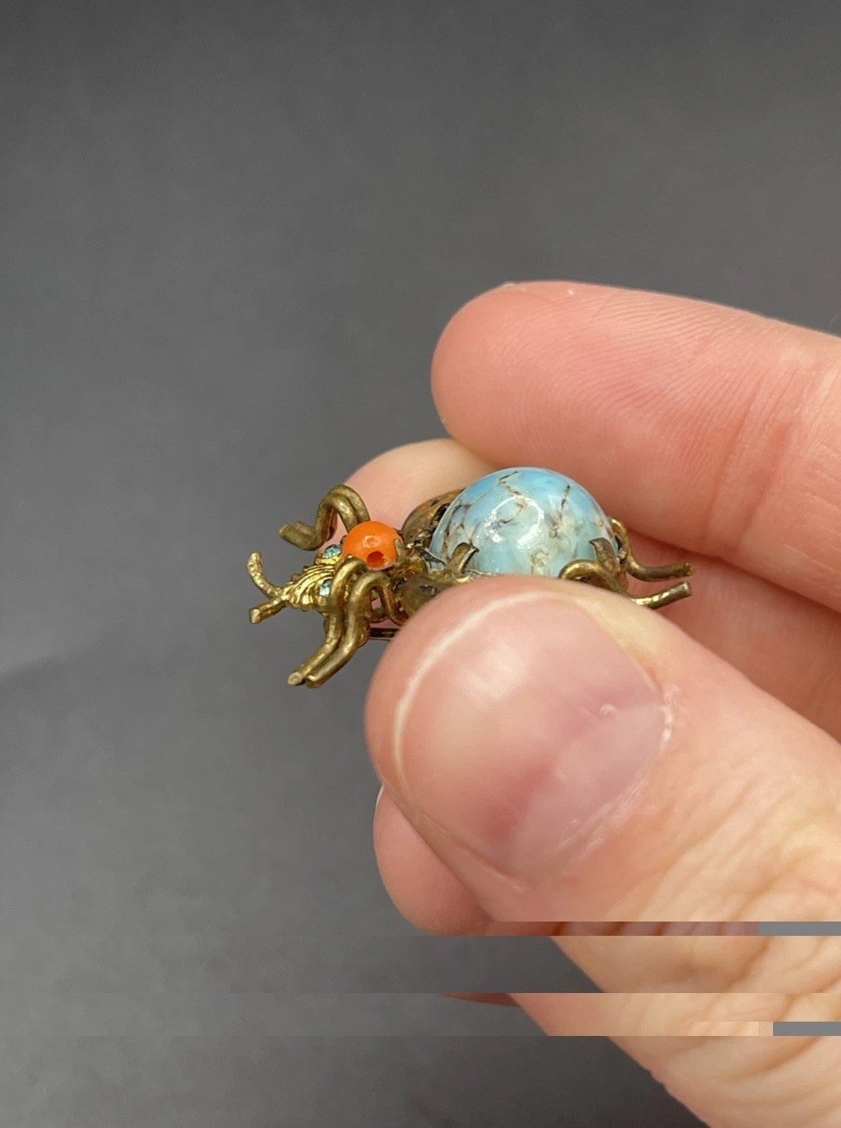 VTG Czech Insect Bee Fly Brooch Brass W Glass Belly. Signed Czecho. As Is.