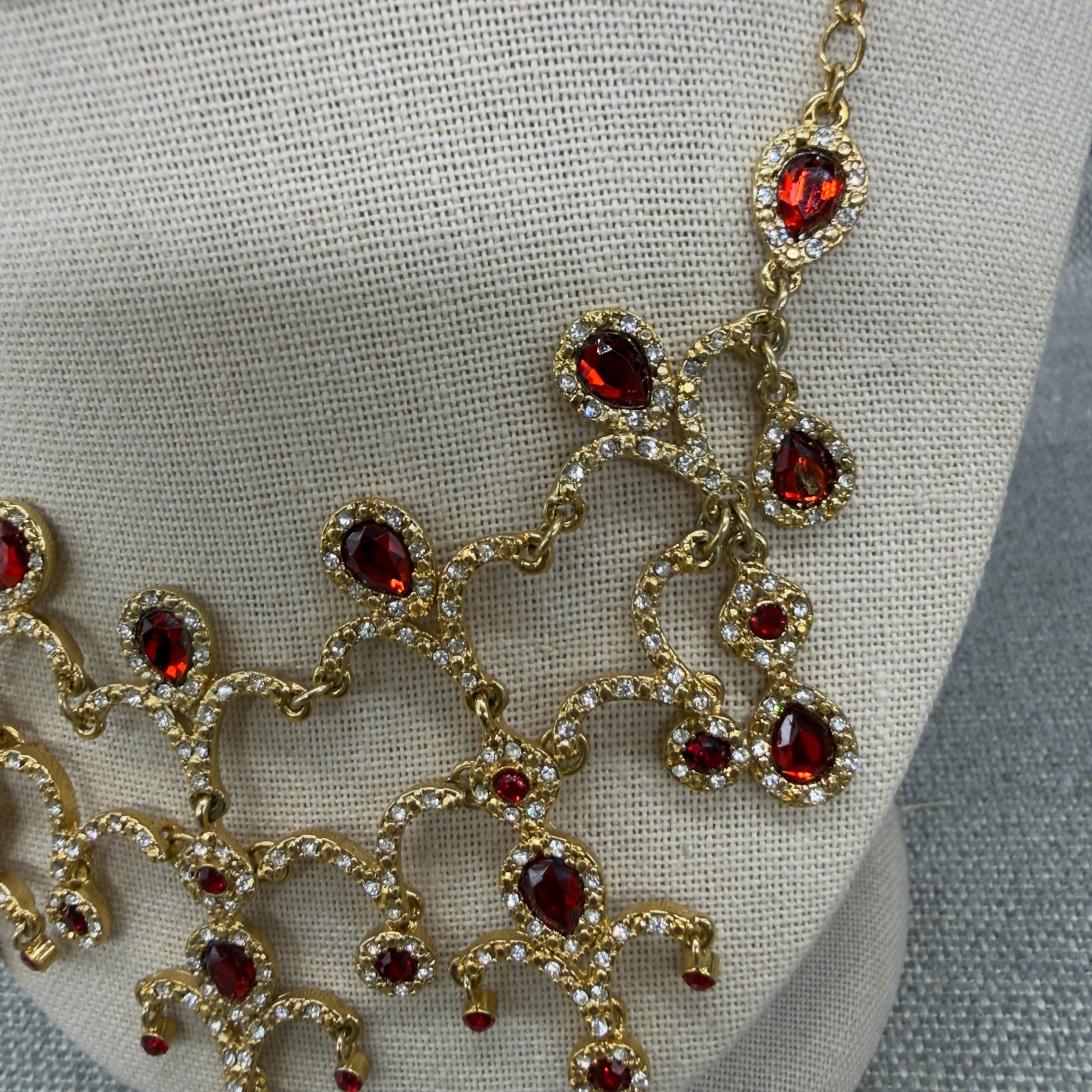Vintage Bib Necklace Red Clear Rhinestones Gold Tone Dangles 17 Inch Adjustable