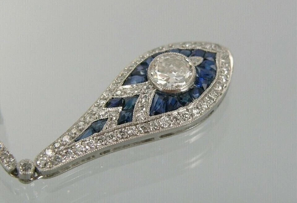 Art Deco Style Sapphire & Diamond Drop Dangle Wedding 14k White Gold FN Earrings