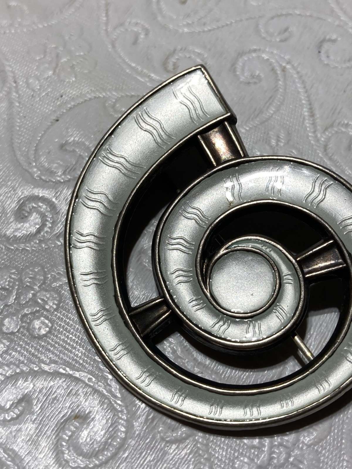 J Tostrup Sterling Guilloche Bright White Enamel Modernist Spiral Brooch/Pin VTG