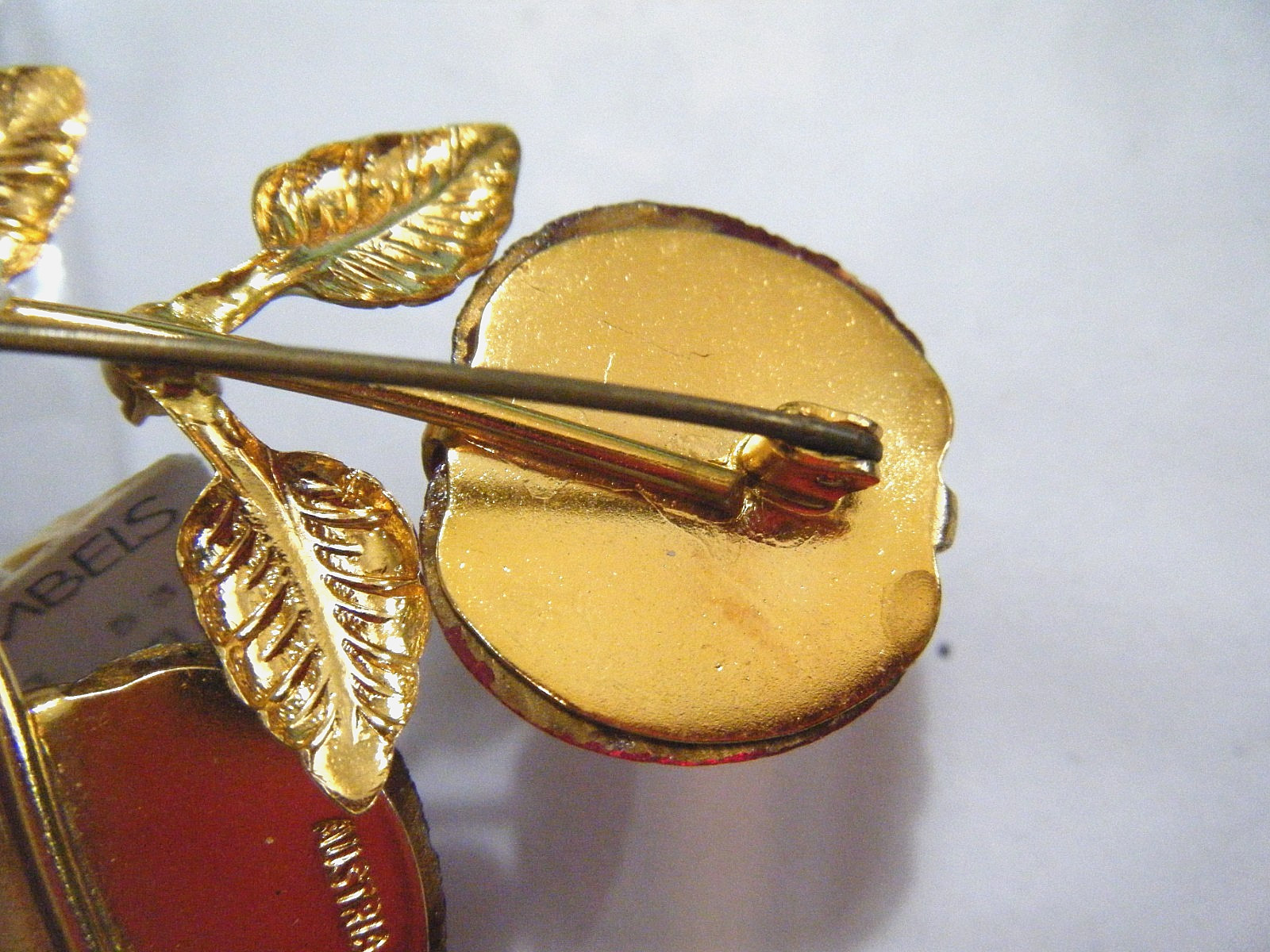 Vintage 50s Austria Double Bright Red Glossy Glass Cherry Brooch Pin Orig. Tag