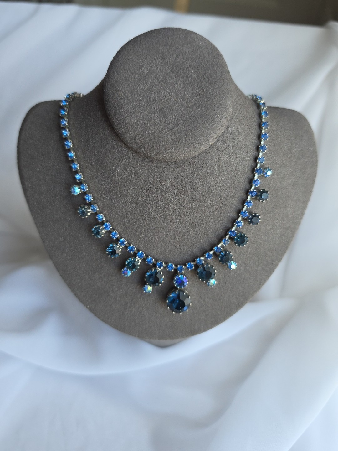 Mid Century Two Tone Blue Rhinestone Choker Necklace 16″