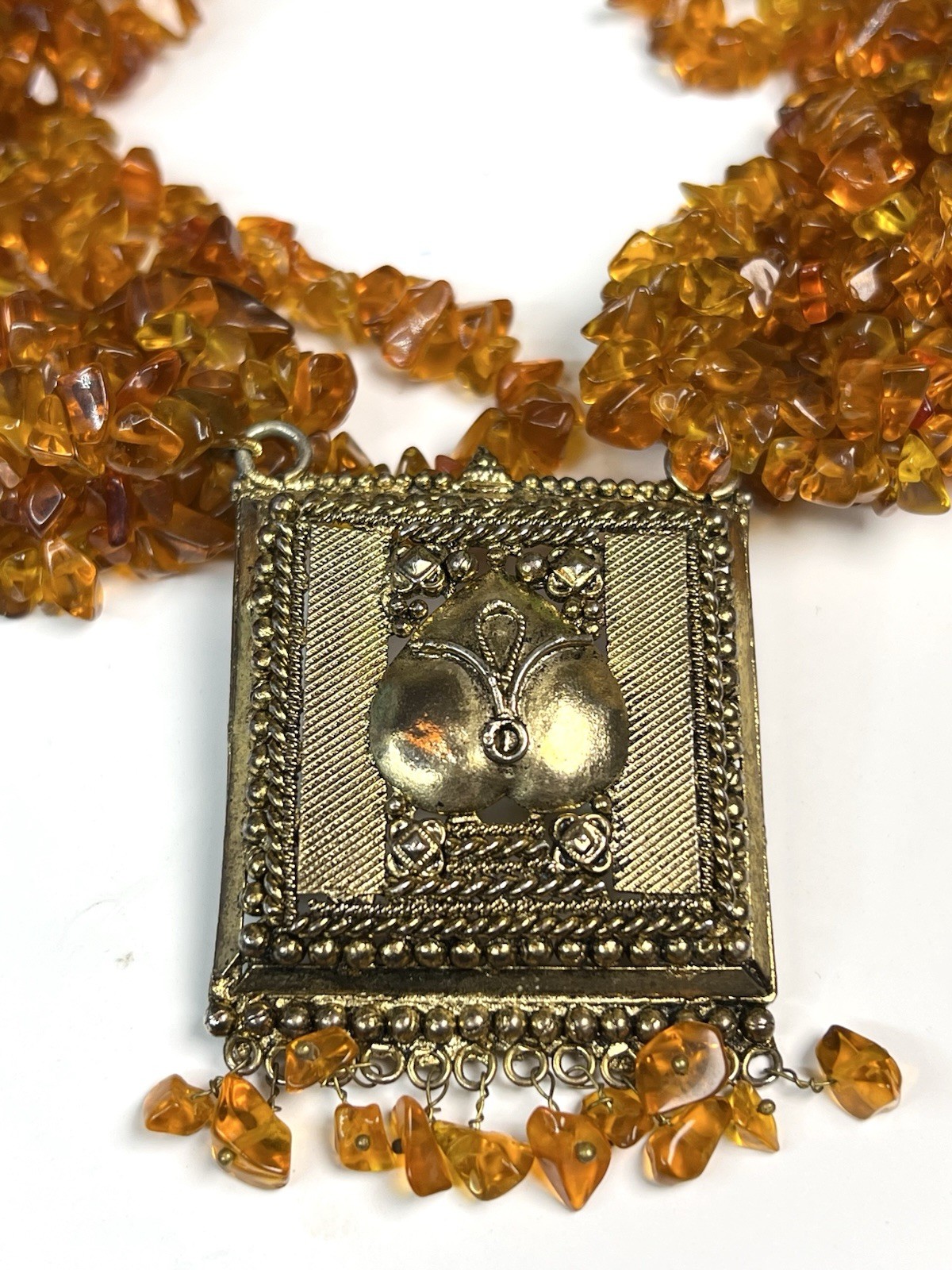 Vintage Amber Tone Glass Chip Multi Strand Necklace Artisan Pendant Heavy 9oz