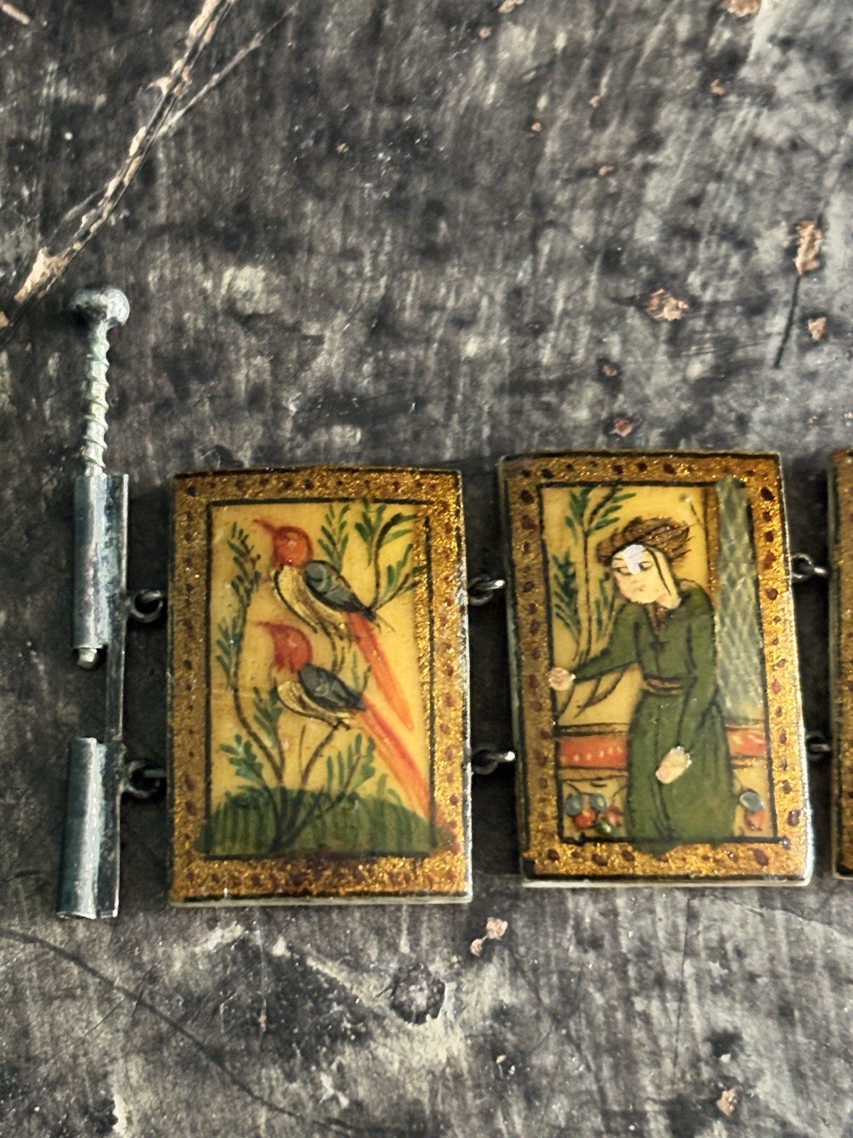 Antique Persian Hand Painted 8-Panel Story Bracelet on Bone Pin & Barrel Lock