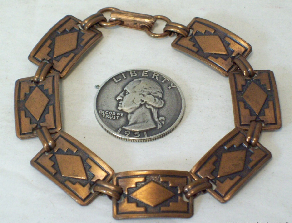 Vintage Southwestern Embossed Copper Panel Bracelet Tribal Style Design 7 1/2″