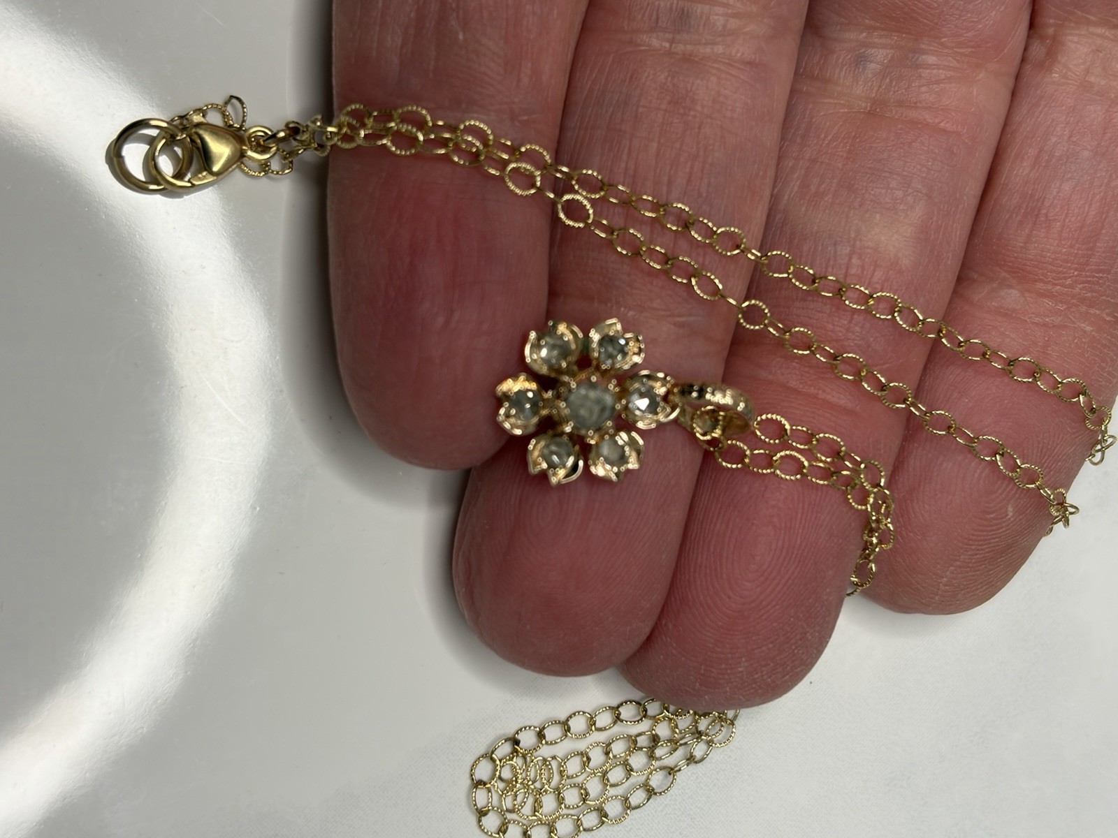 Antique 14KT Gold Diamond Rose Cut Flower Pendant On Gold filled Chain