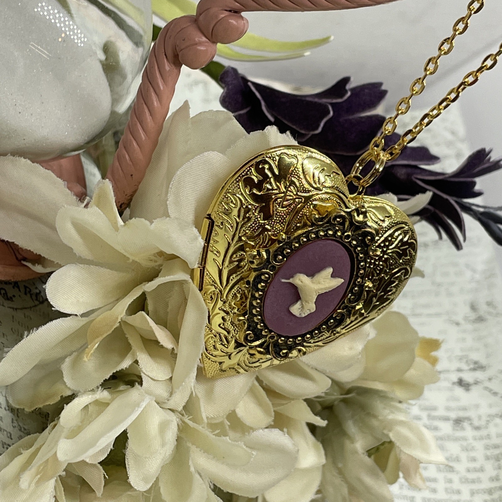 Gold Heart Locket Photo Birthday Anniversary Wedding Hummingbird Purple Necklace
