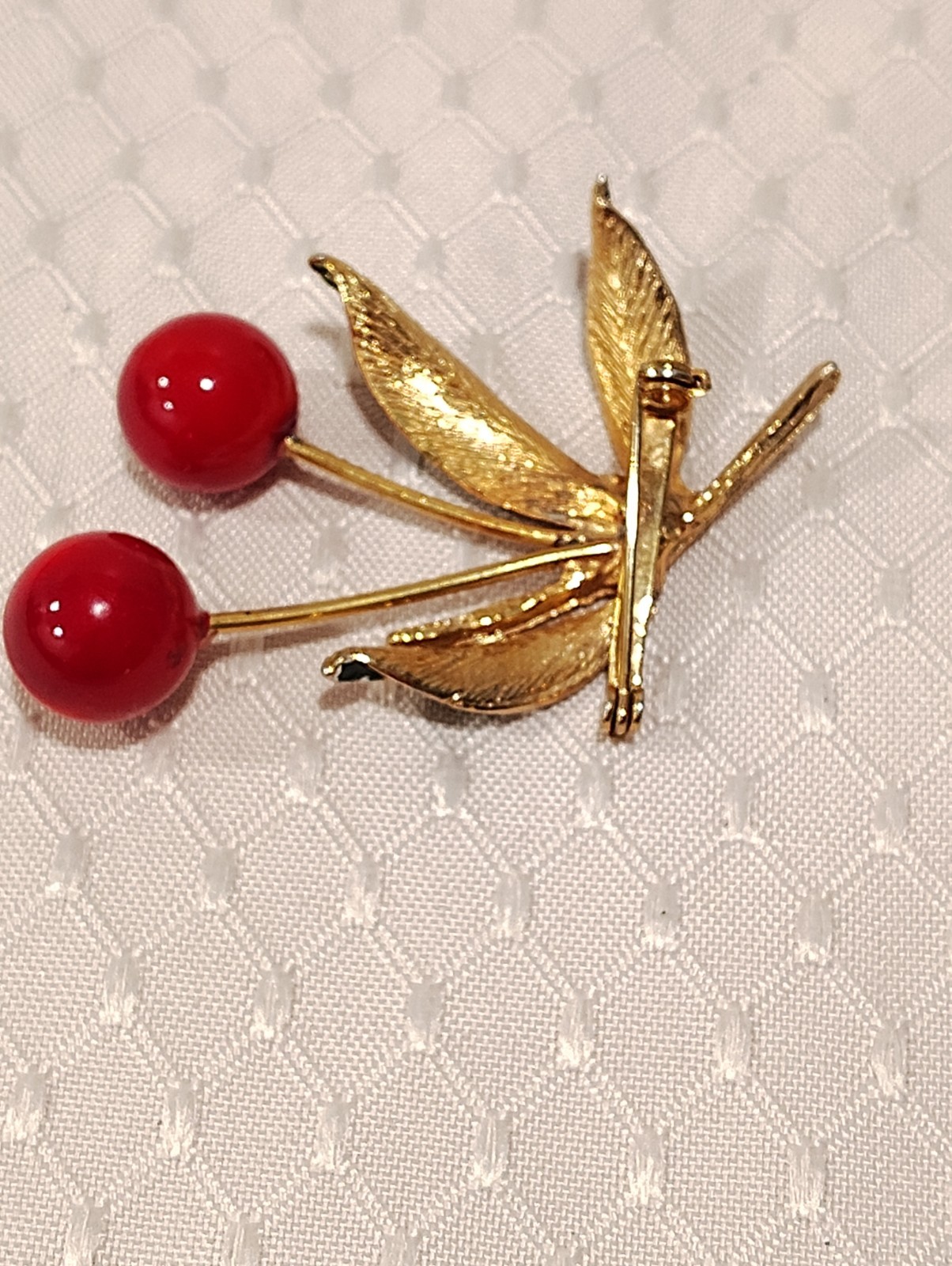 Vintage Enamel Cherry Berry Red Gold Green Leaves Branch Brooch Pin 2.5″ Long