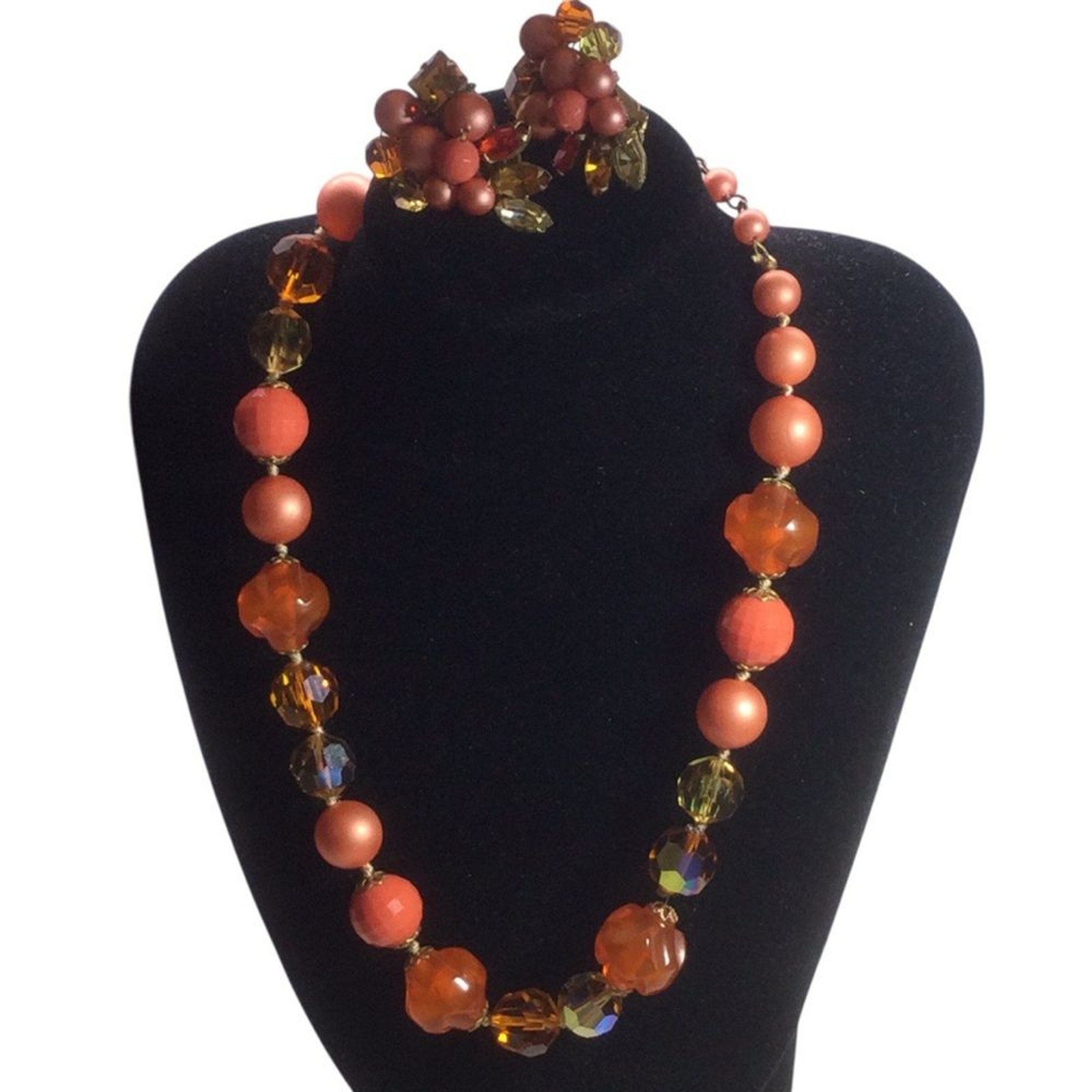 Vintage Eugene Parure Necklace Clip Earrings Set Bead Rhinestone Cluster 1950’s