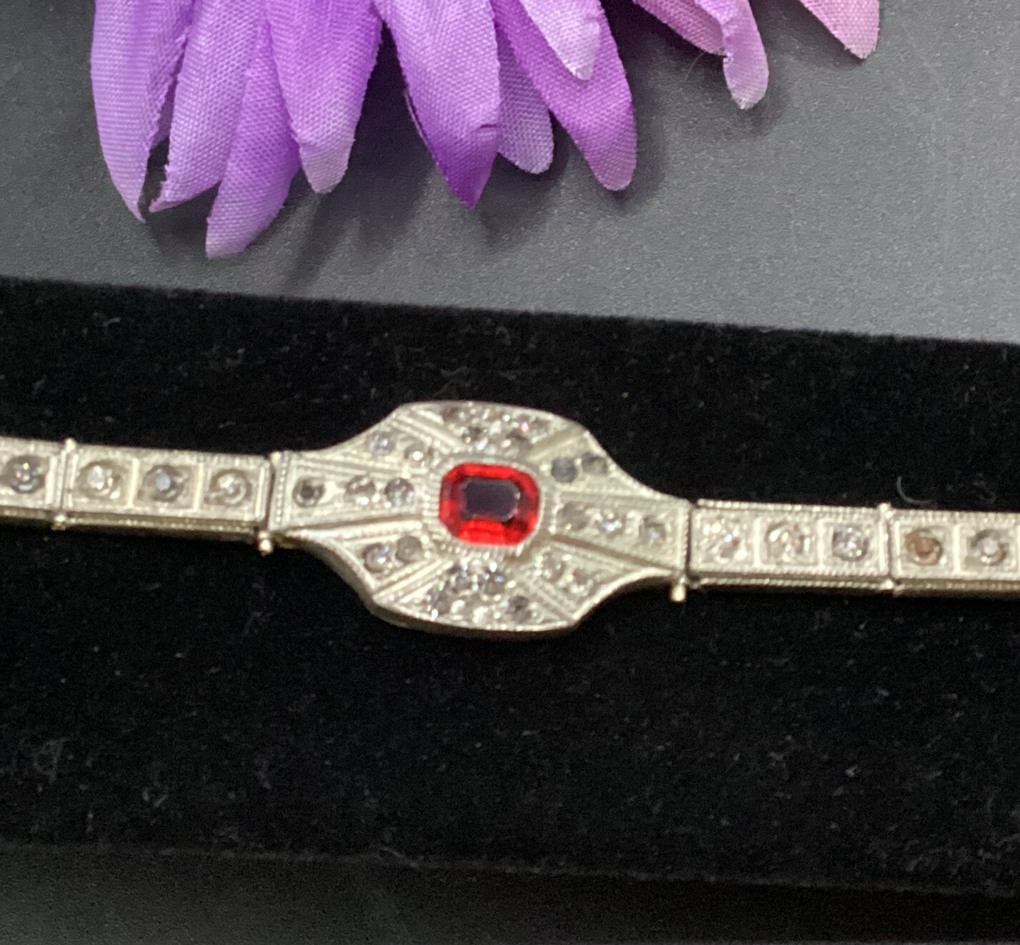 Art Deco 1920s silvertone metal bracelet with faceted red and white crystals 7”