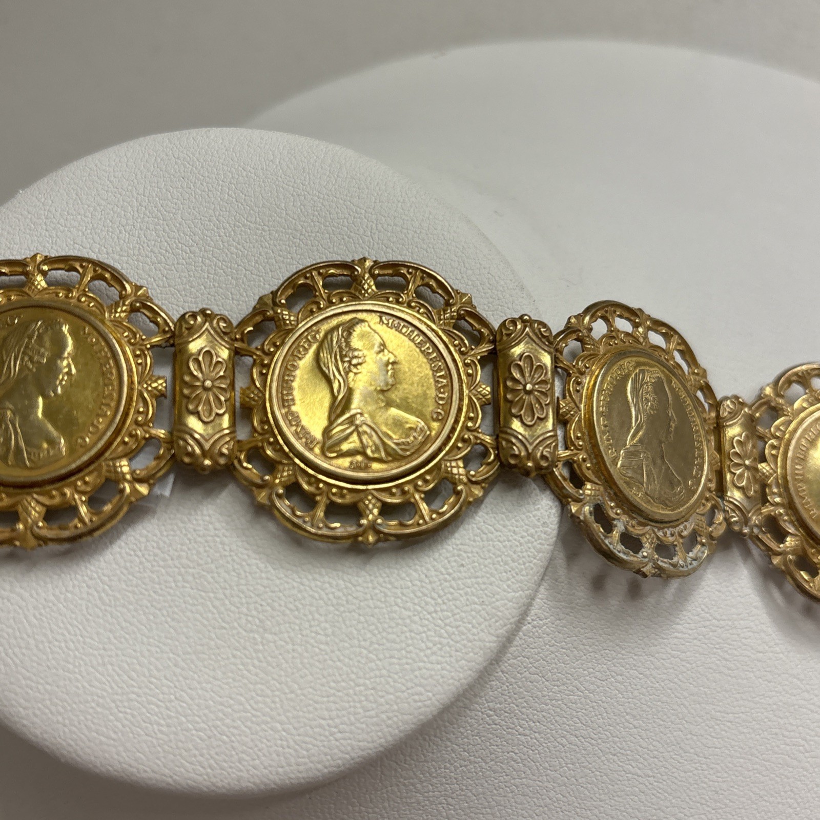 Miriam Haskell Vintage Gold Plated Coin Bracelet—Queen Of Australia—Statement!