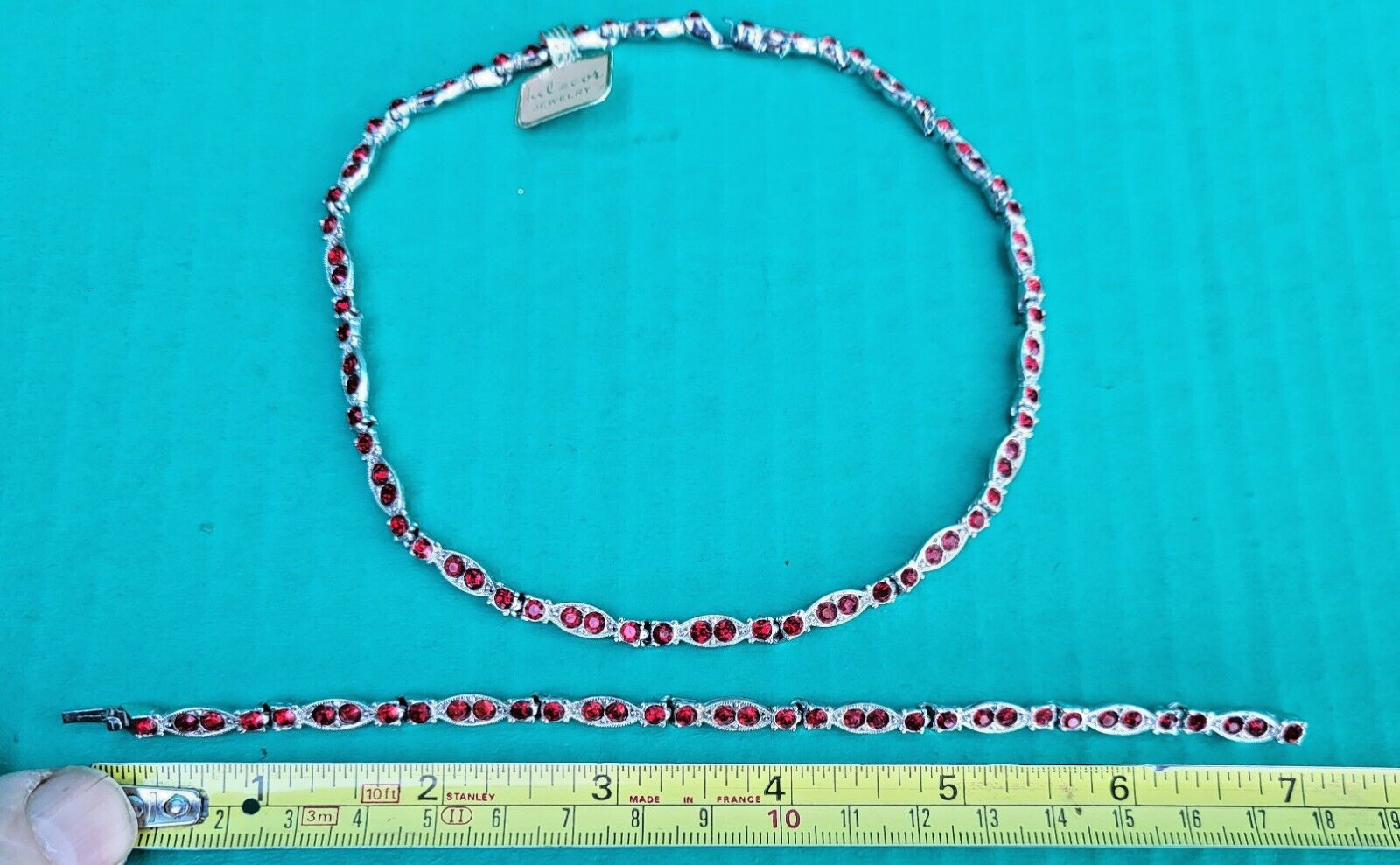 Red Rhinestone Rhodium Choker Necklace & Bracelet Set BEL-COR c1950s NOS Unused