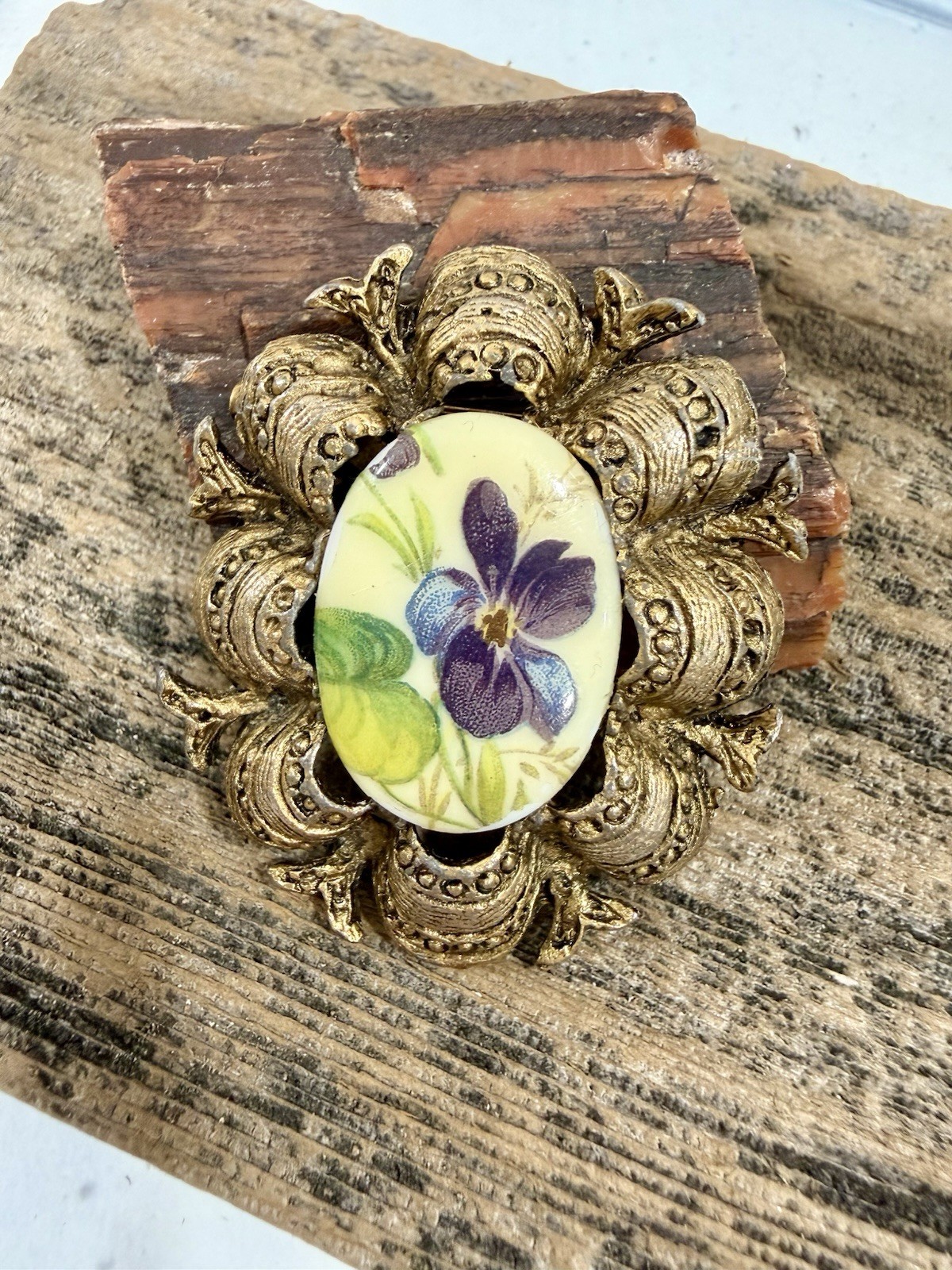 Vintage Victorian Revival Floral Porcelain Purple Violets Cameo Style Brooch