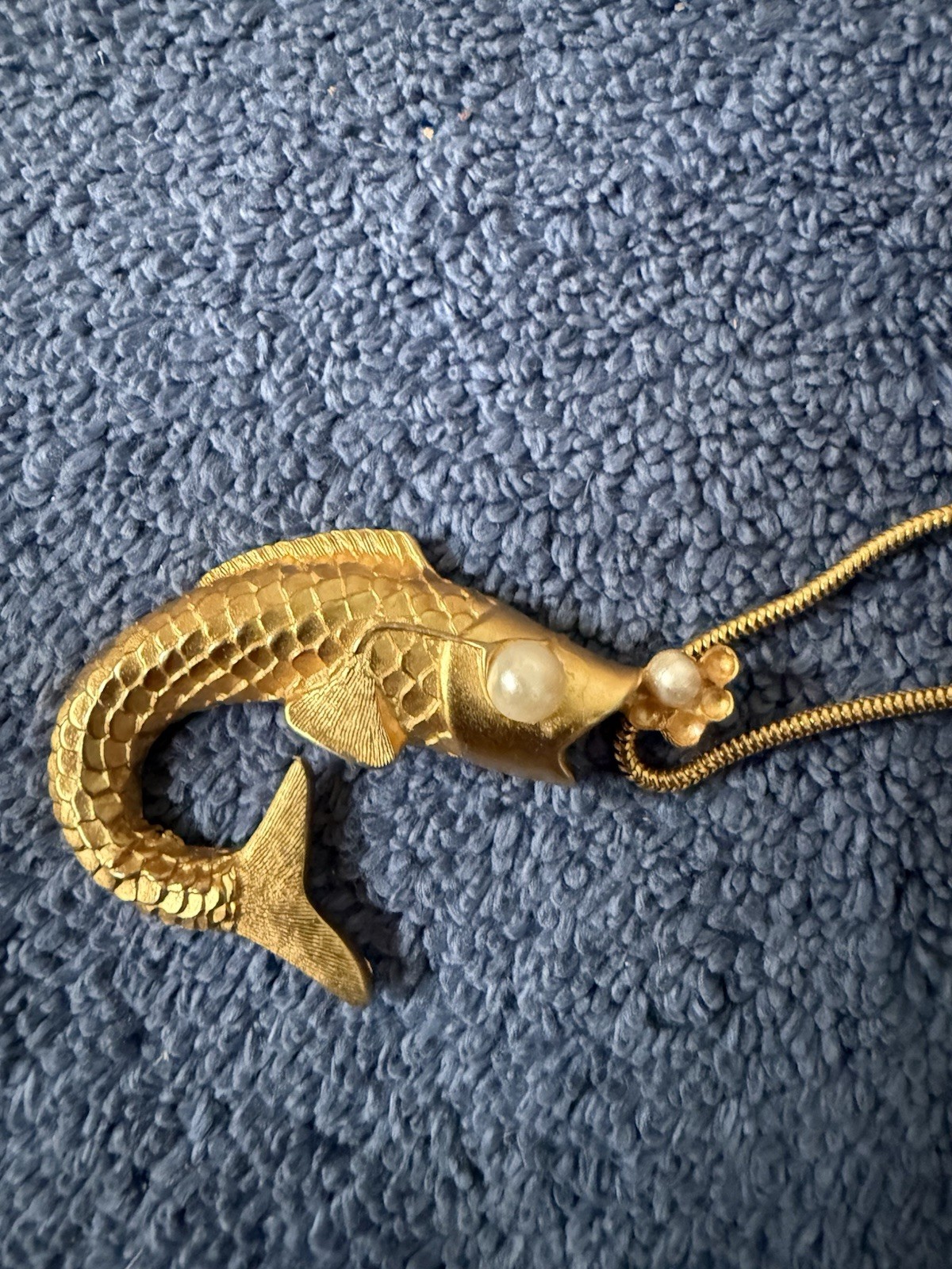 Vintage 1990s Anne Klein Necklace Matte Gold Tone Koi Fish With Pearl Eye & Mout