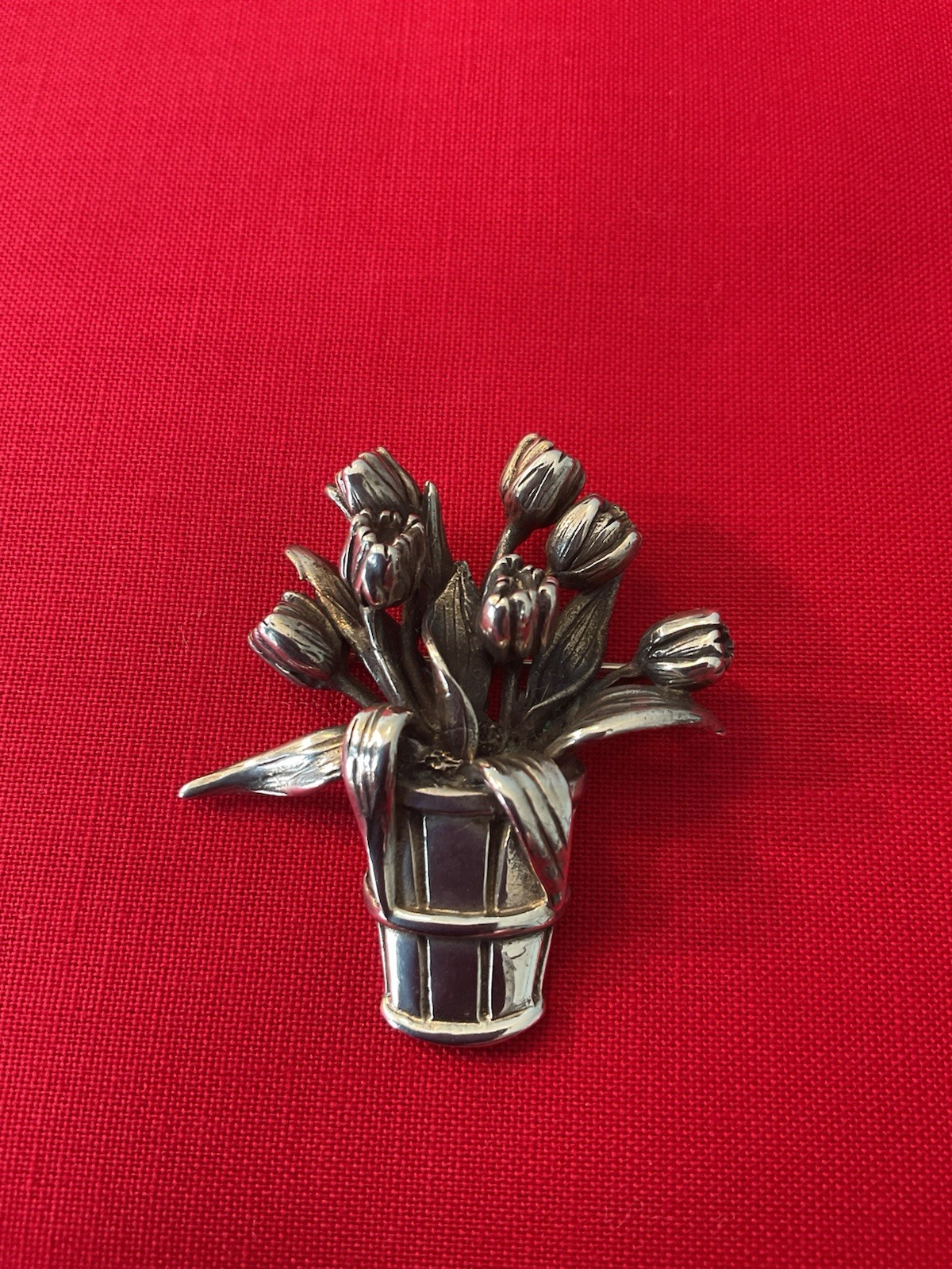 Sterling Silver Tulip Bouquet Basket Pin Brooch Vintage H&H 925 20.6g