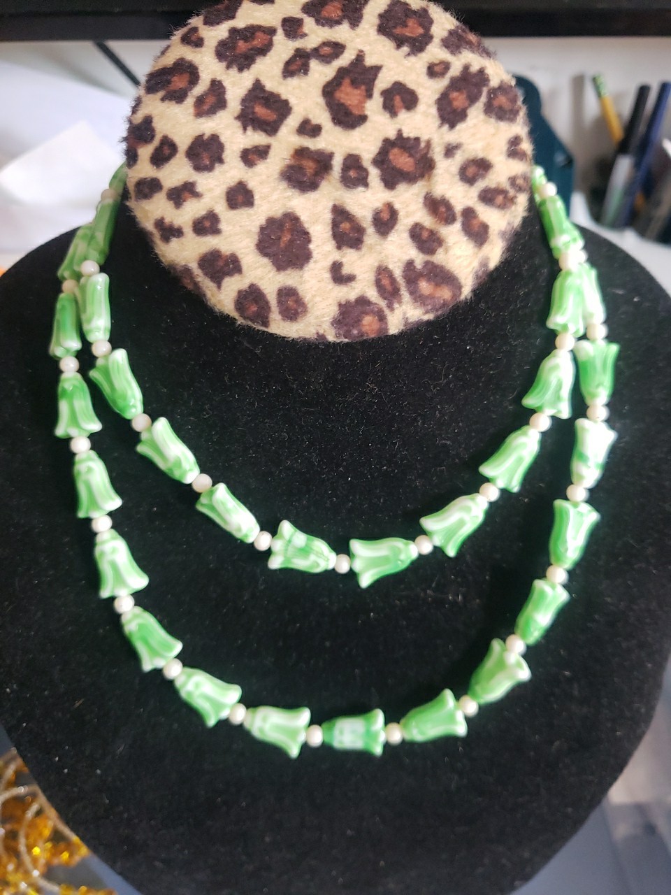 Vintage Czech Tulip Green Glass Beaded Necklace 30″