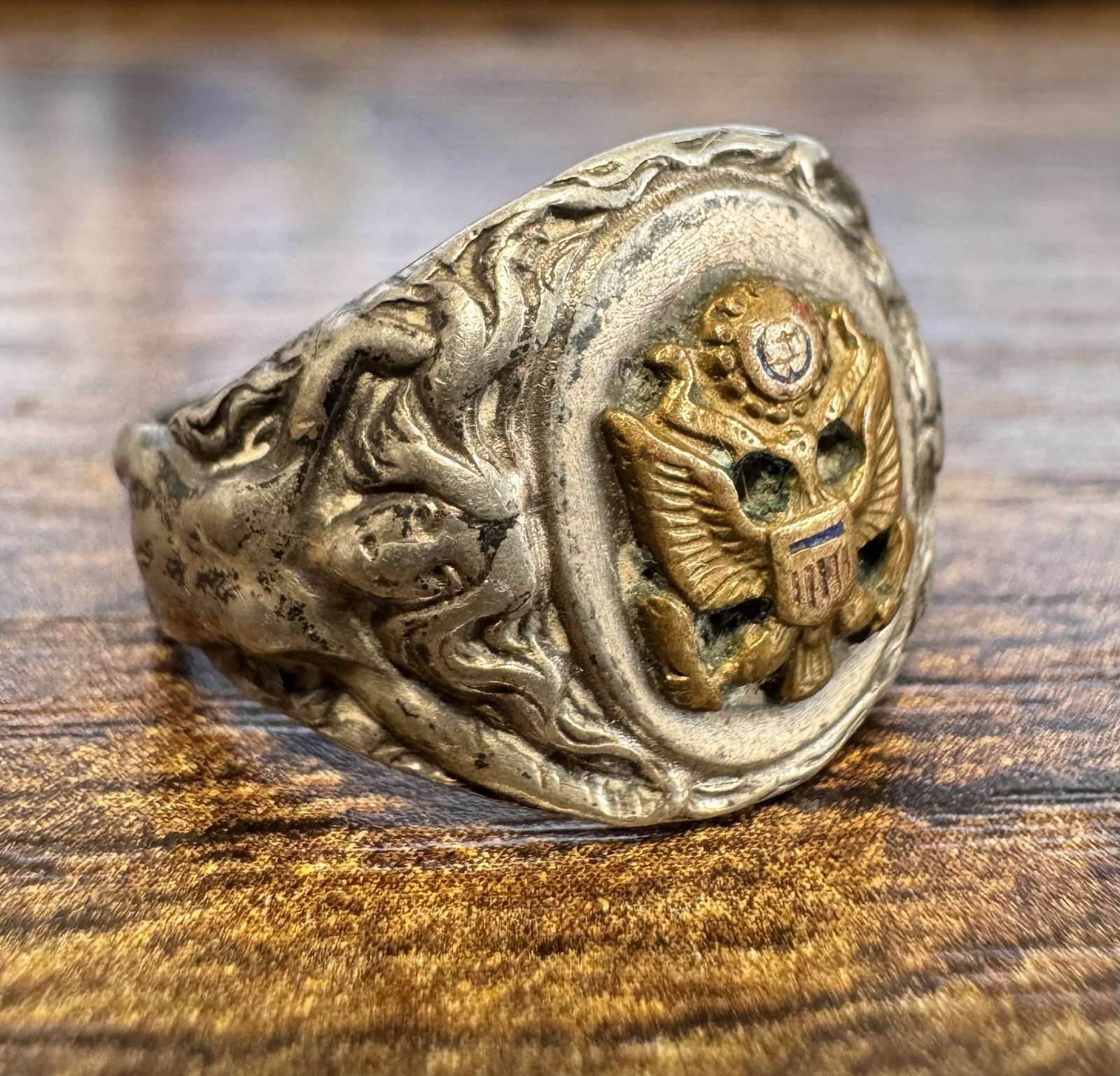 Vintage US Army Eagle & Art Nouveau Style Nude Woman Sterling Silver Signet Ring