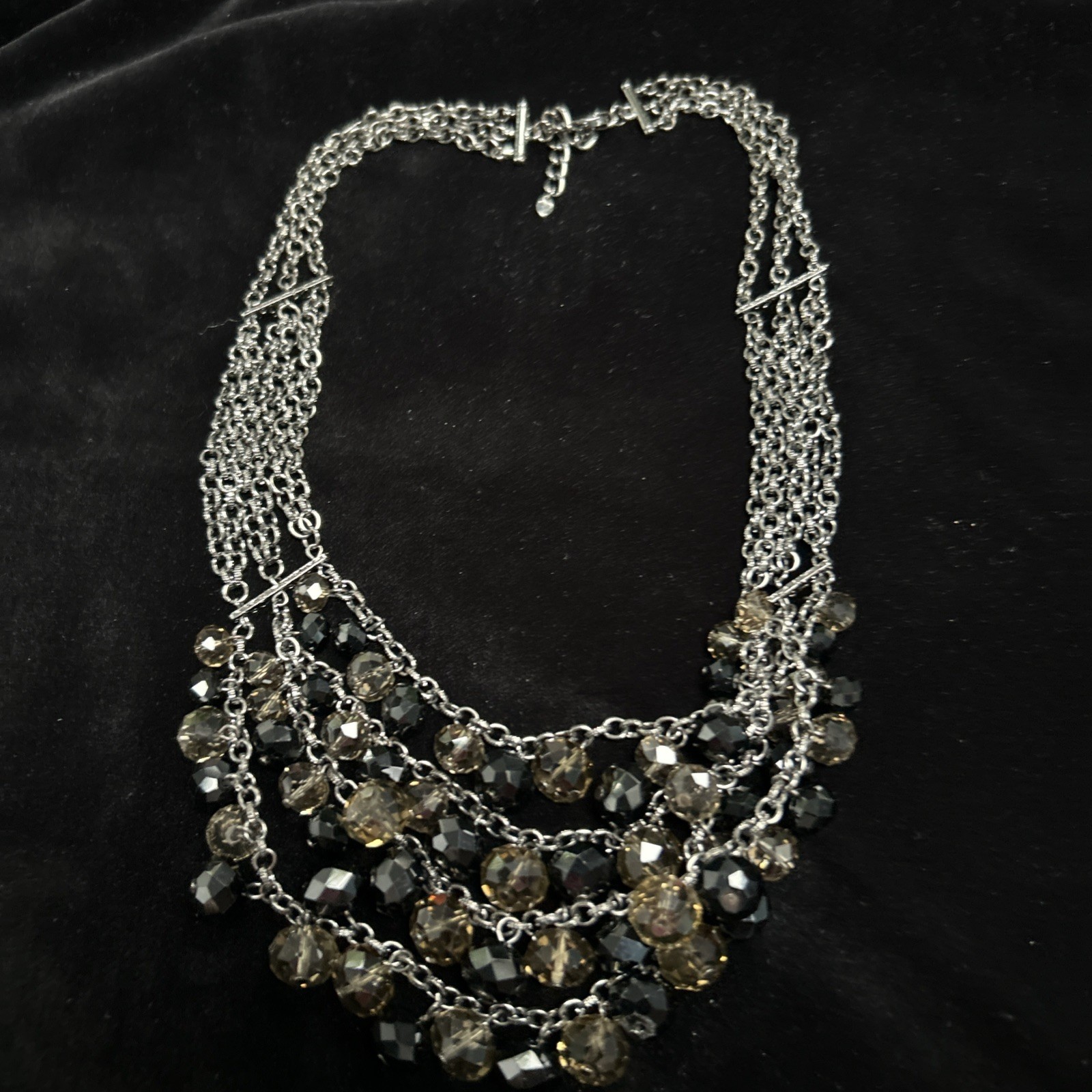 Designer NECKLACE Silver Toned 4 Strands Black/Clear Smokey Shiny Glass Beads
