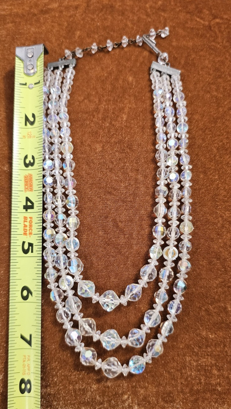 Vintage 8″ 3-Strand, Iridescent Beaded Choker And Matching Clip Earrings