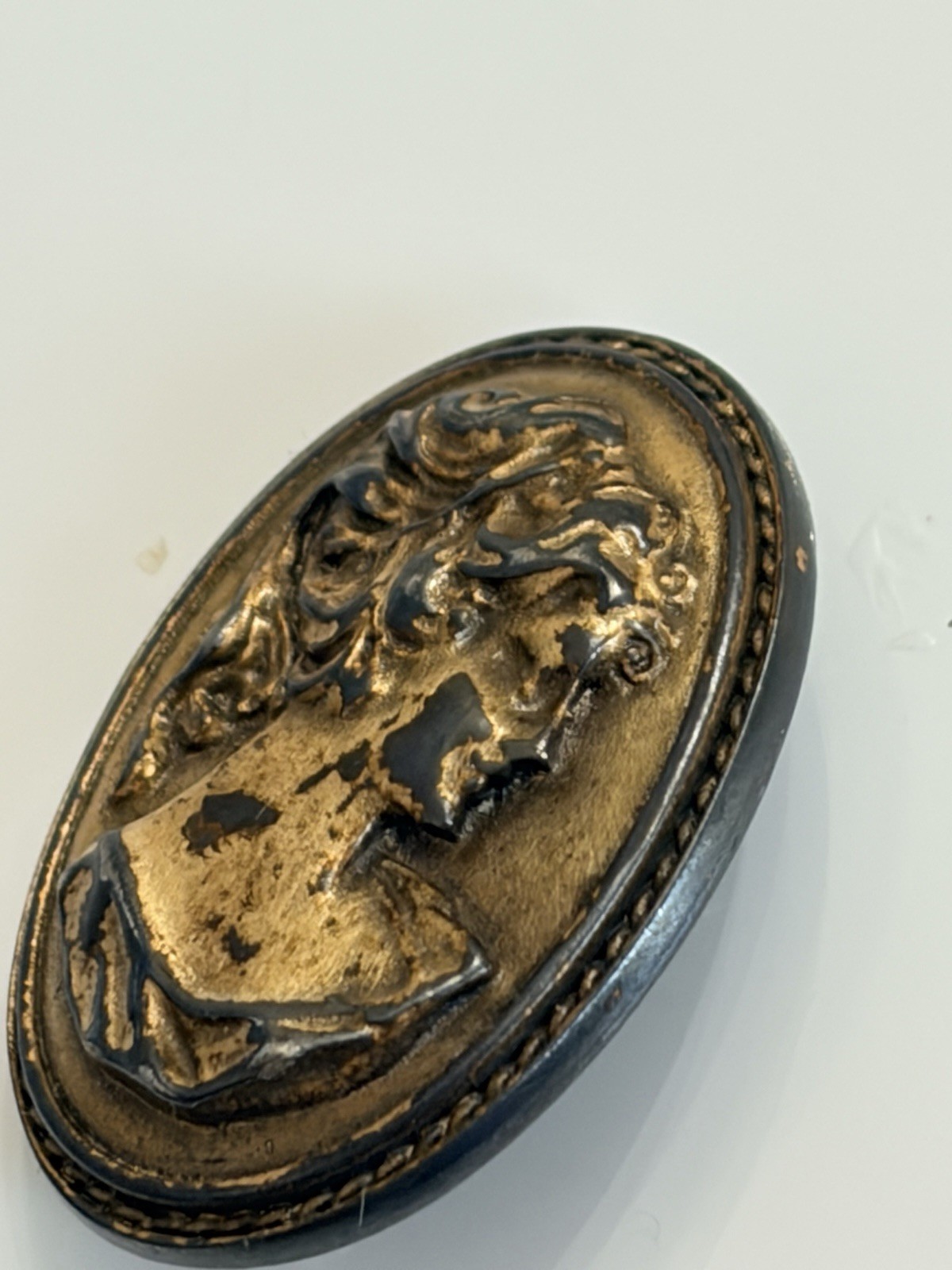Vintage Bronze Color Brooch Pin Cameo Style Woman Profile Oval Pin