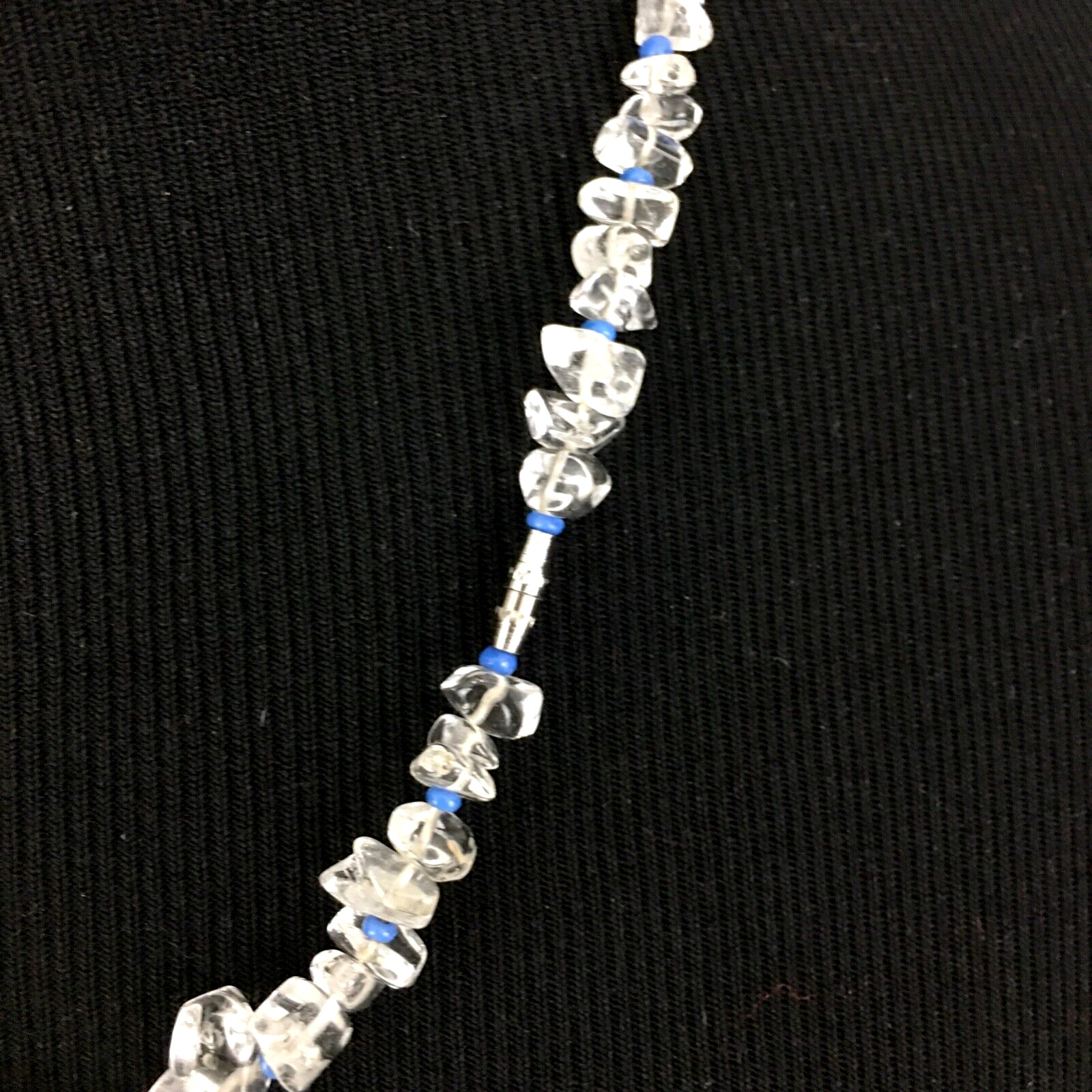 QUARTZ jewelry set – necklace & earrings -clear stone chips & blue glass beads