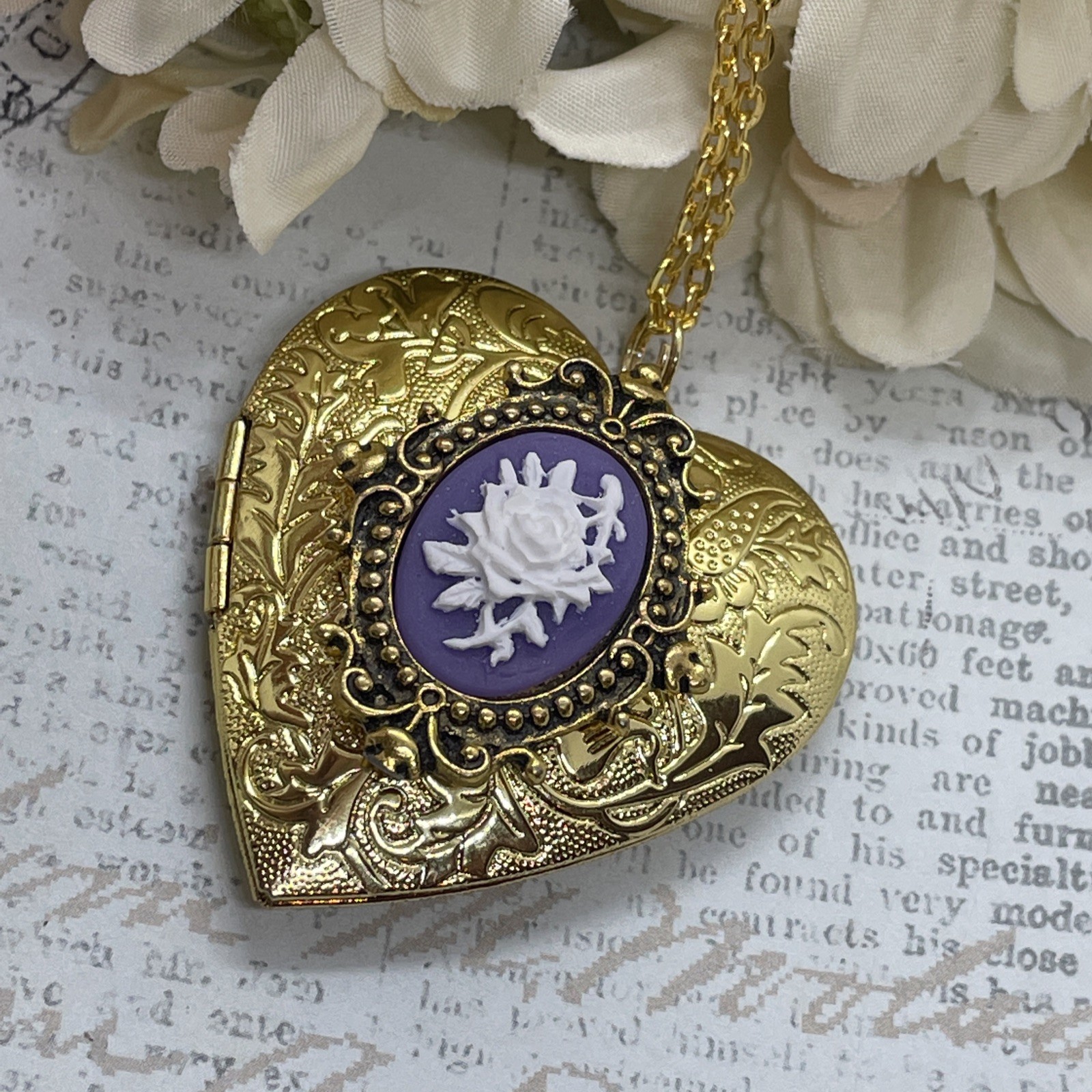 Gold Heart Locket Photo Birthday Anniversary Wedding Purple Rose Cameo Necklace