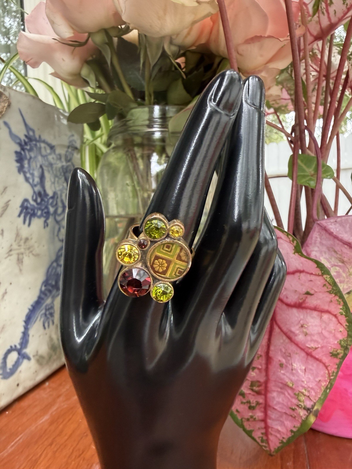 Vintage Pilgrim Multi stone Brass Ring Adjustable Band Green Red