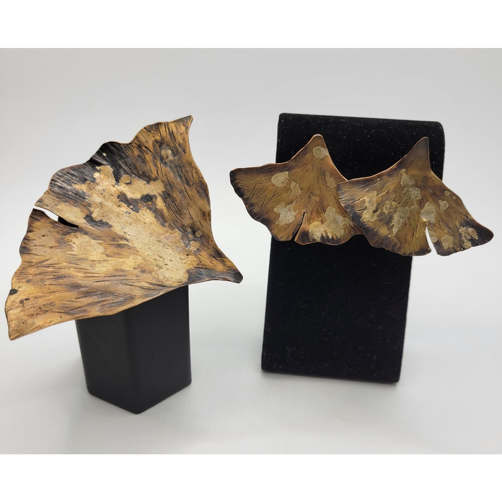 Brutalist Ginkgo Leaf Brooch Earrings Set Artisan Handmade Patina Huge Leaves