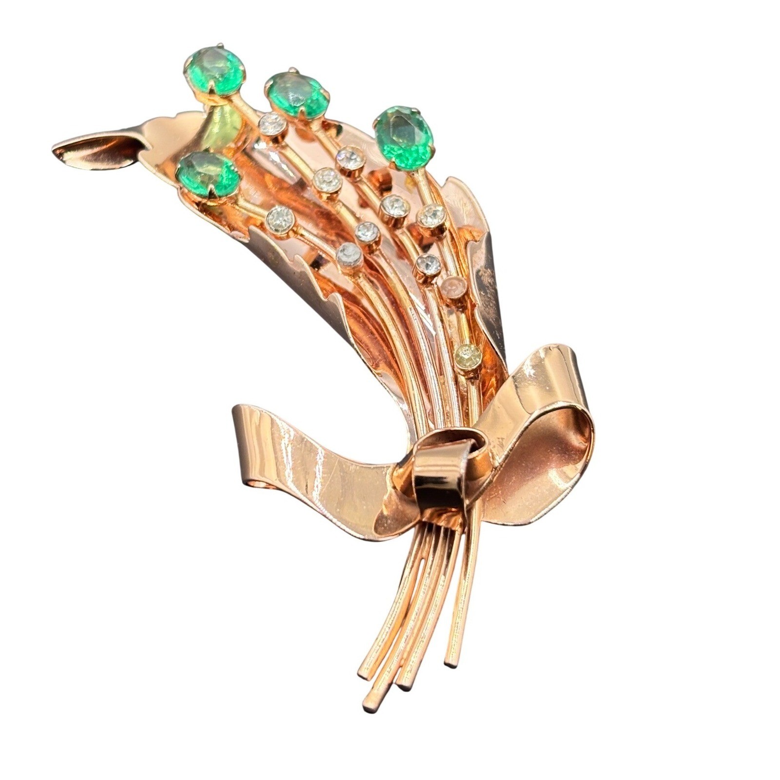 Vintage Coro Pegasus Sterling Silver Rose Gold Vermeil Green Floral Brooch 1940s