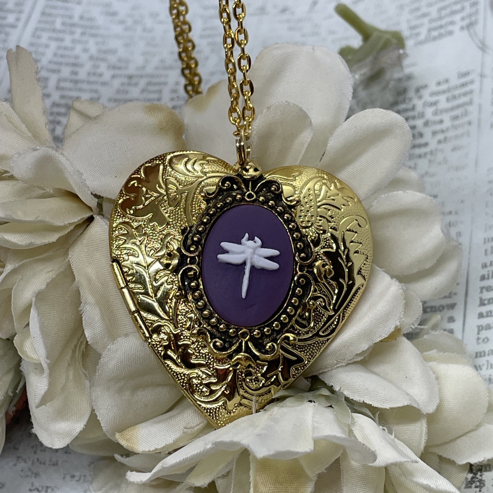 Gold Heart Locket Purple Birthday Anniversary Wedding Dragonfly Cameo Necklace