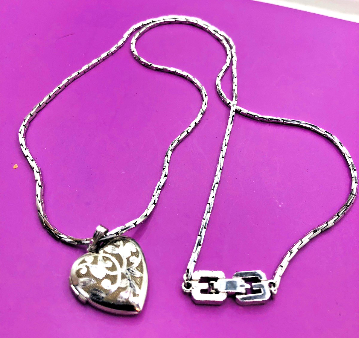 Vtg. GIVENCHY 25 In Silver Tone Chain with Sterling Silver Heart Locket.