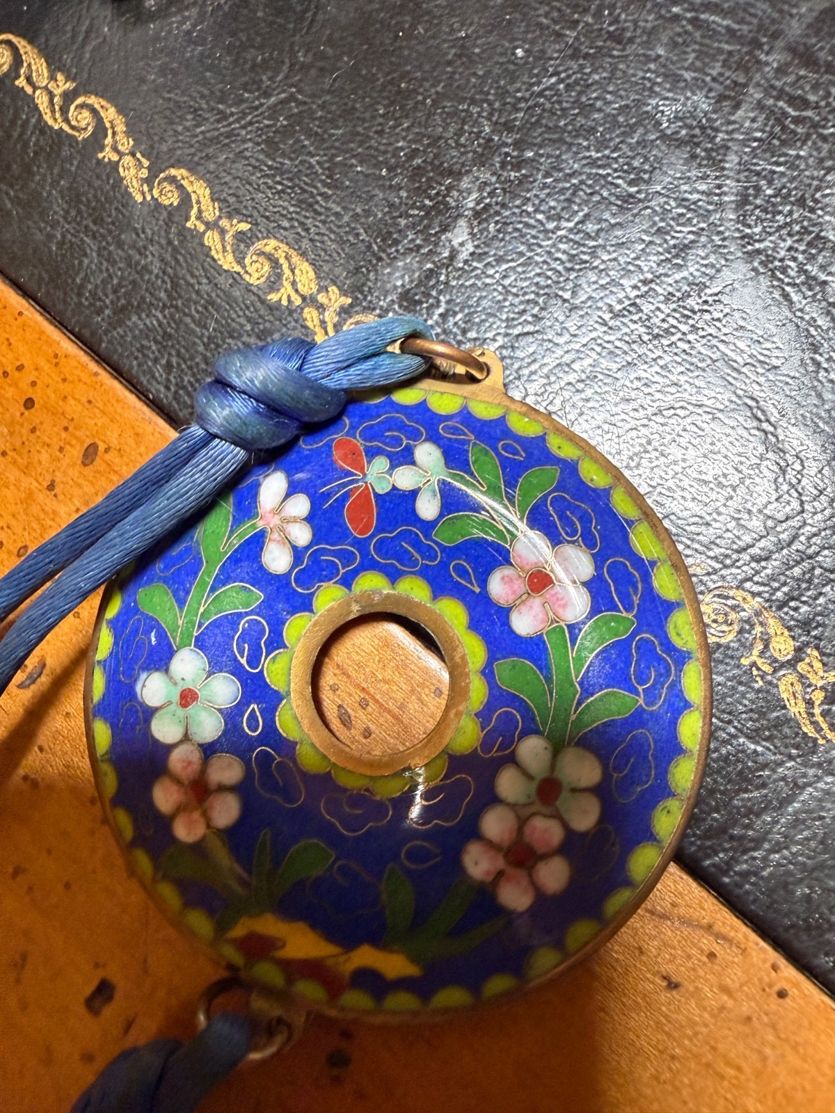 Vintage Cloisonne Pendant Bi Disc Puffy Cobalt Blue Enamel Colorful Clouds
