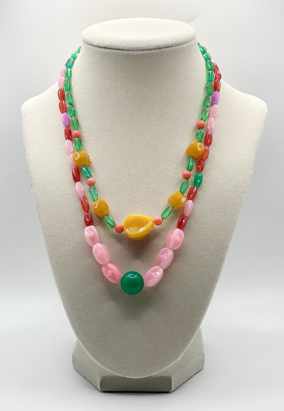 Vintage Multicolor Plastic Bead Necklace Fruit Theme 16” 19” Set Of 2 Read