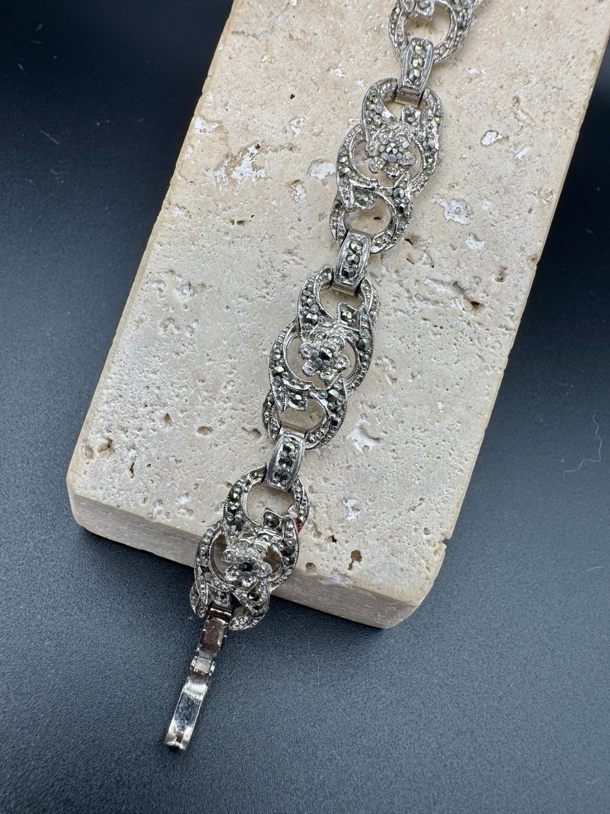Antique Signed SPHINX Marcasite Link Bracelet Art Deco 1950s Floral Silver Tone